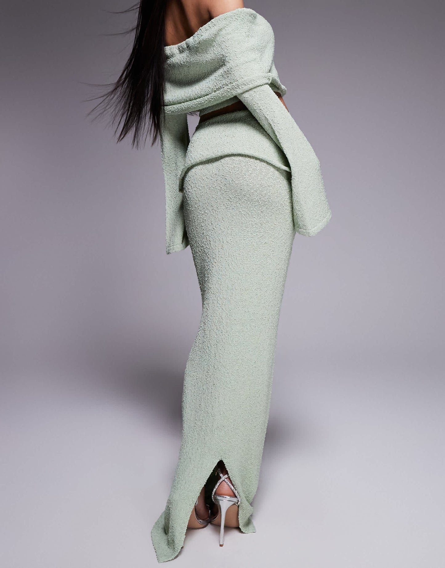 Wanderdoll Yasmin boucle knit dramatic foldover maxi skirt co-ord in sage