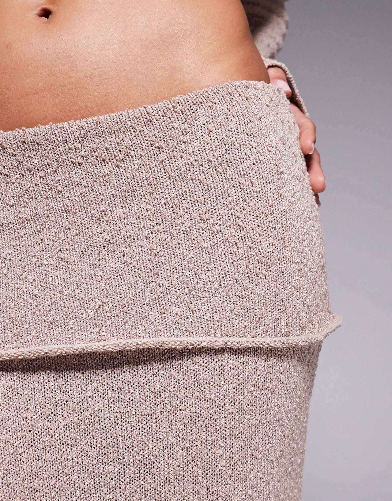 Wanderdoll Yasmin boucle knit dramatic foldover maxi skirt co-ord in taupe