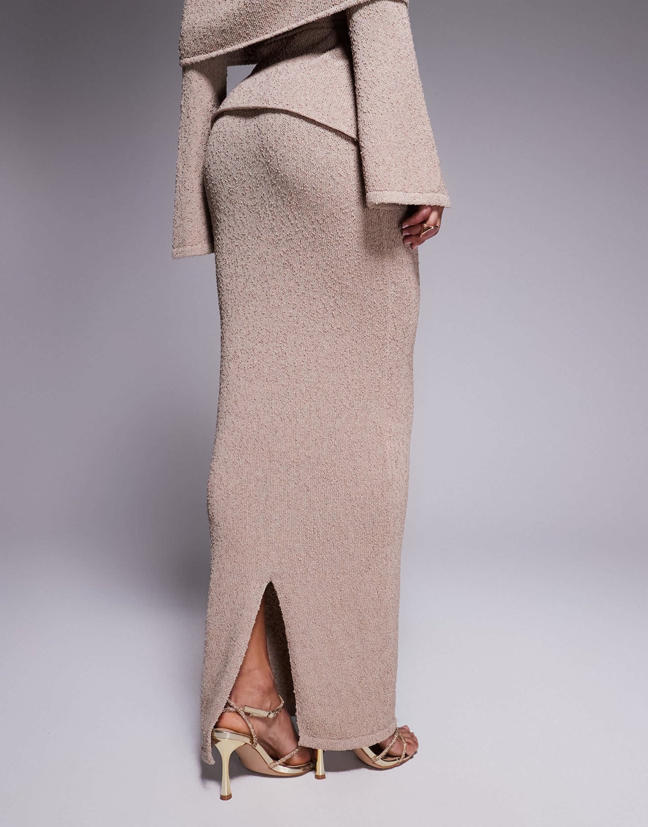 Wanderdoll Yasmin boucle knit dramatic foldover maxi skirt co-ord in taupe