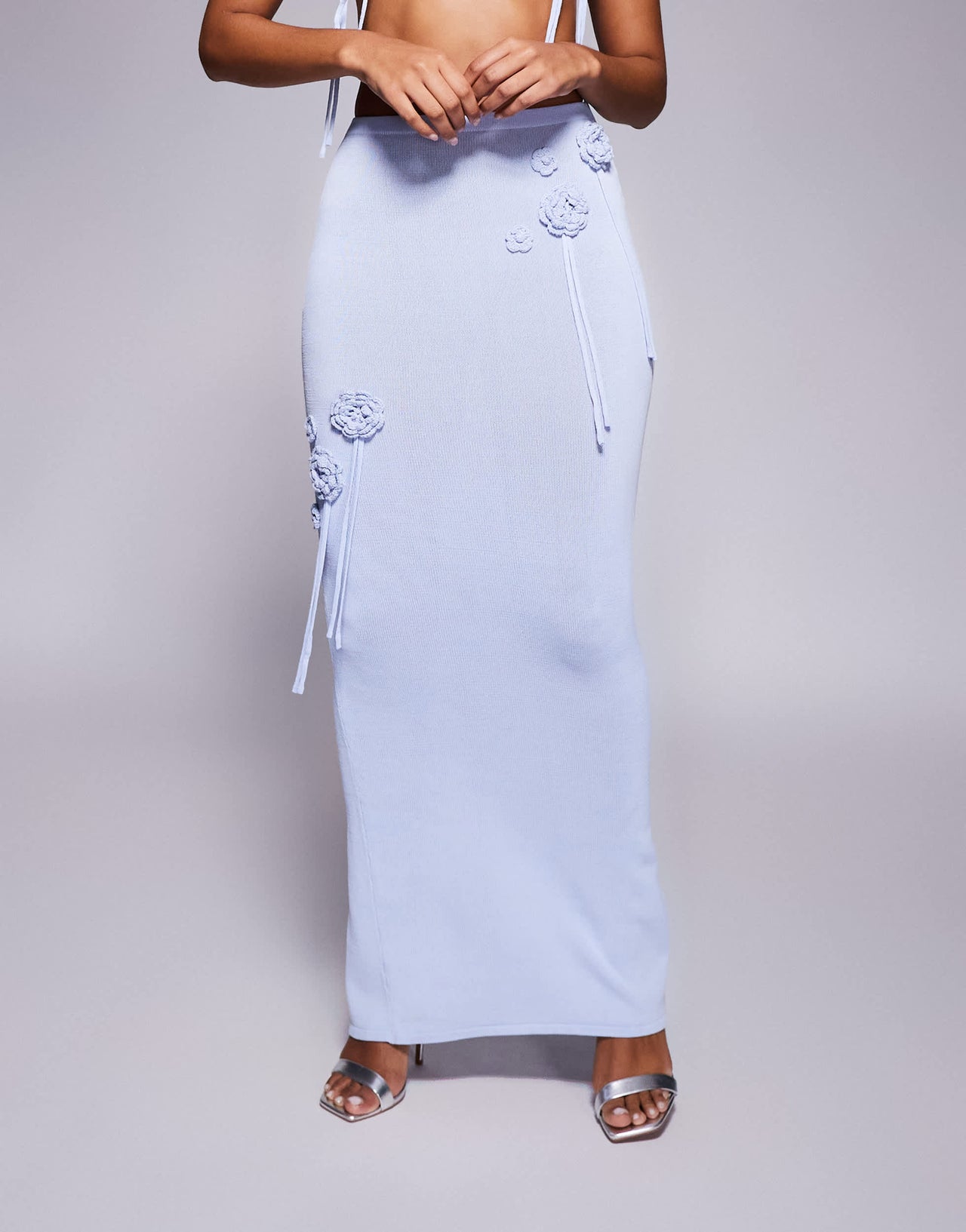 Wanderdoll Delilah knitted corsage detail maxi skirt co-ord in baby blue