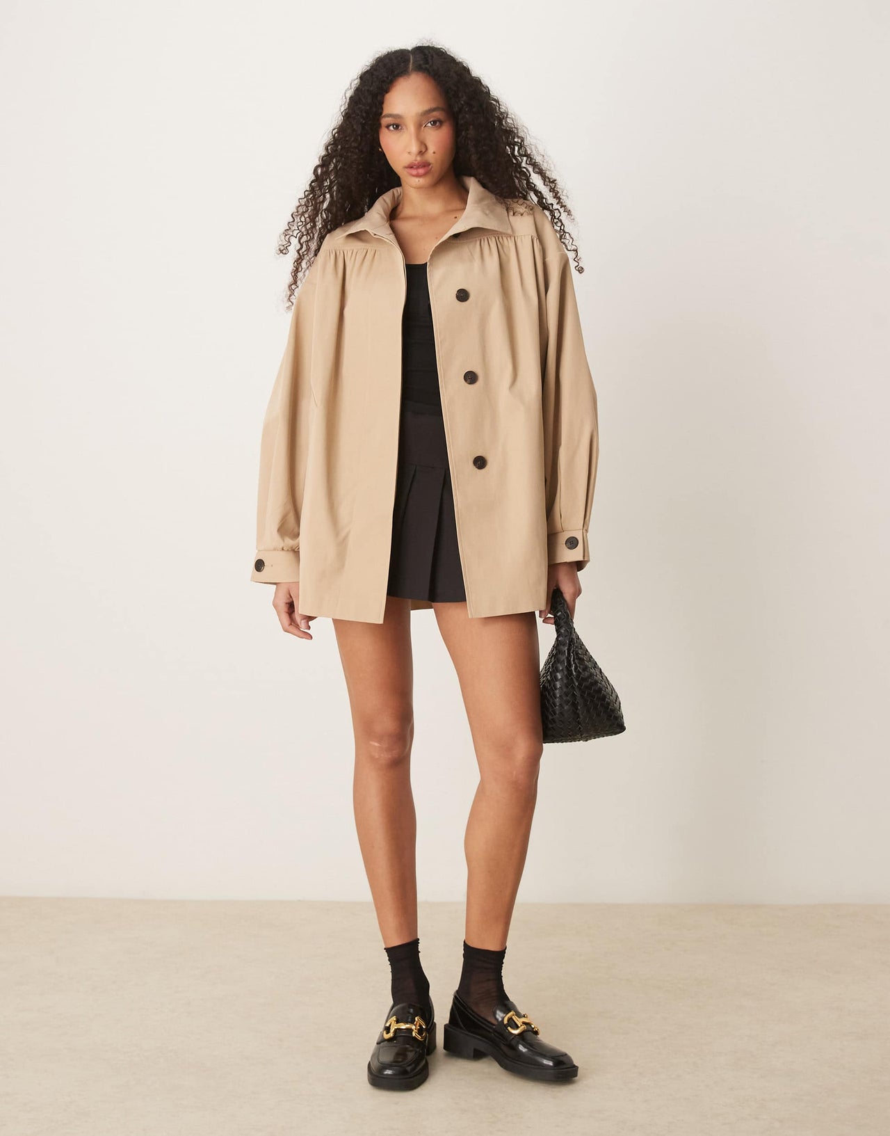ASOS DESIGN gathered shoulder short trench coat in stone