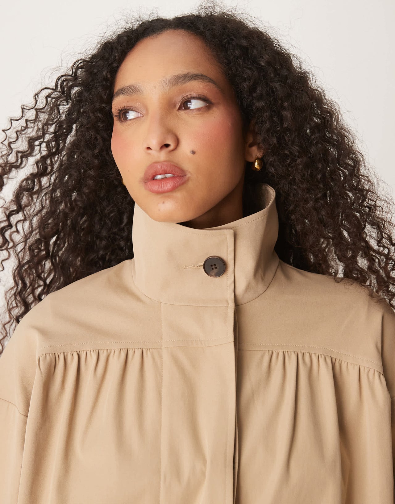 ASOS DESIGN gathered shoulder short trench coat in stone