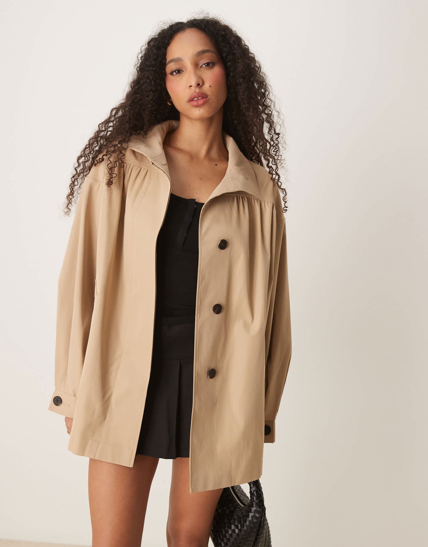 ASOS DESIGN gathered shoulder short trench coat in stone