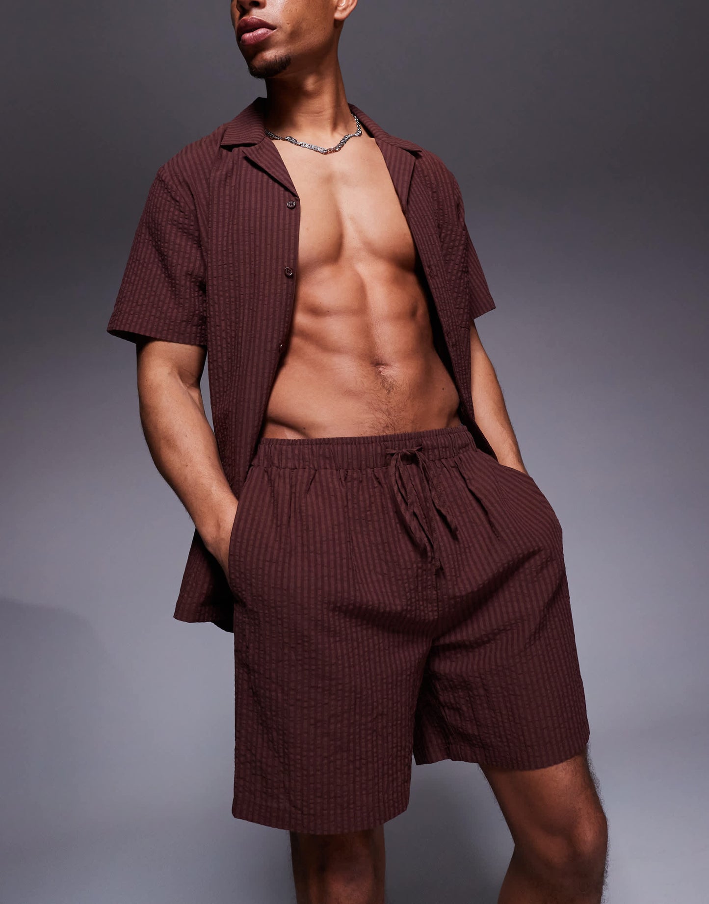 South Beach seersucker beach short co-ord in brown