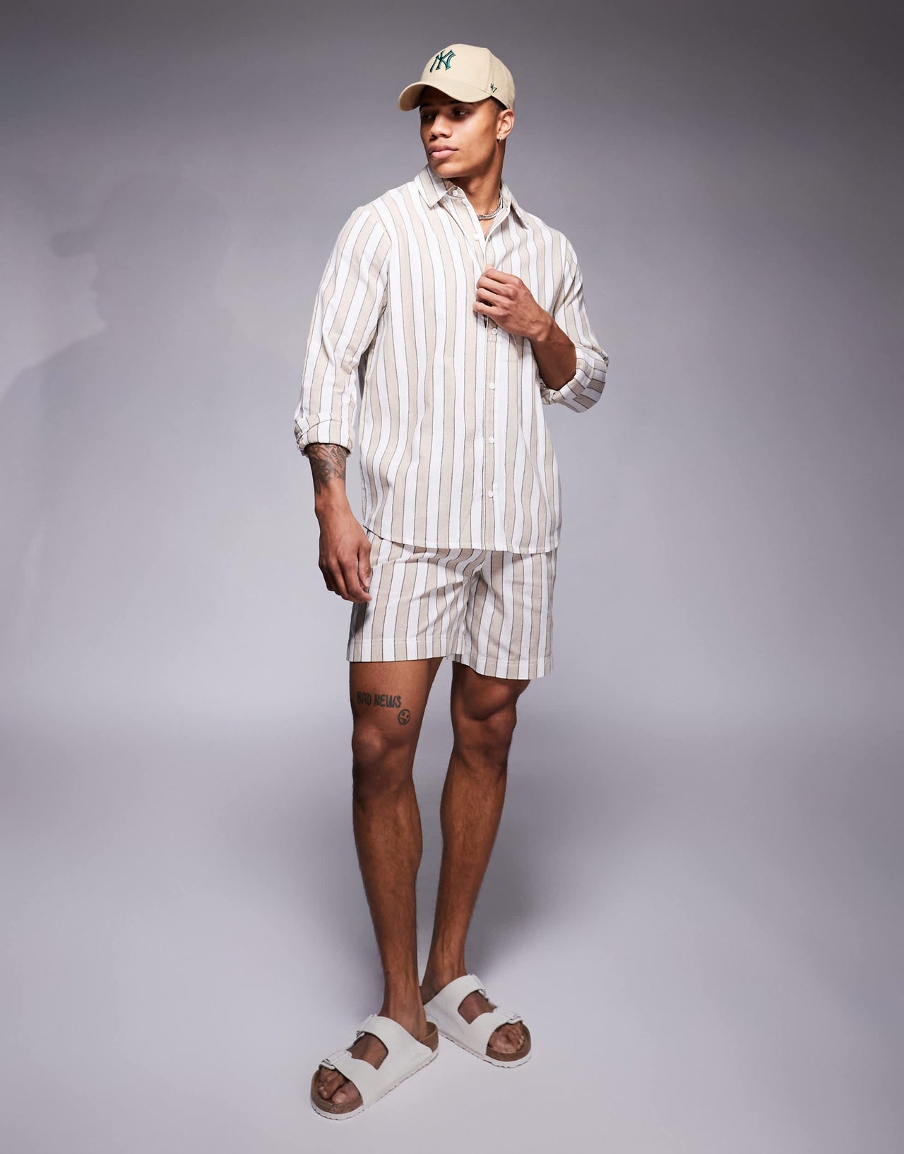 South Beach drawstring beach shorts in beige and white stripe