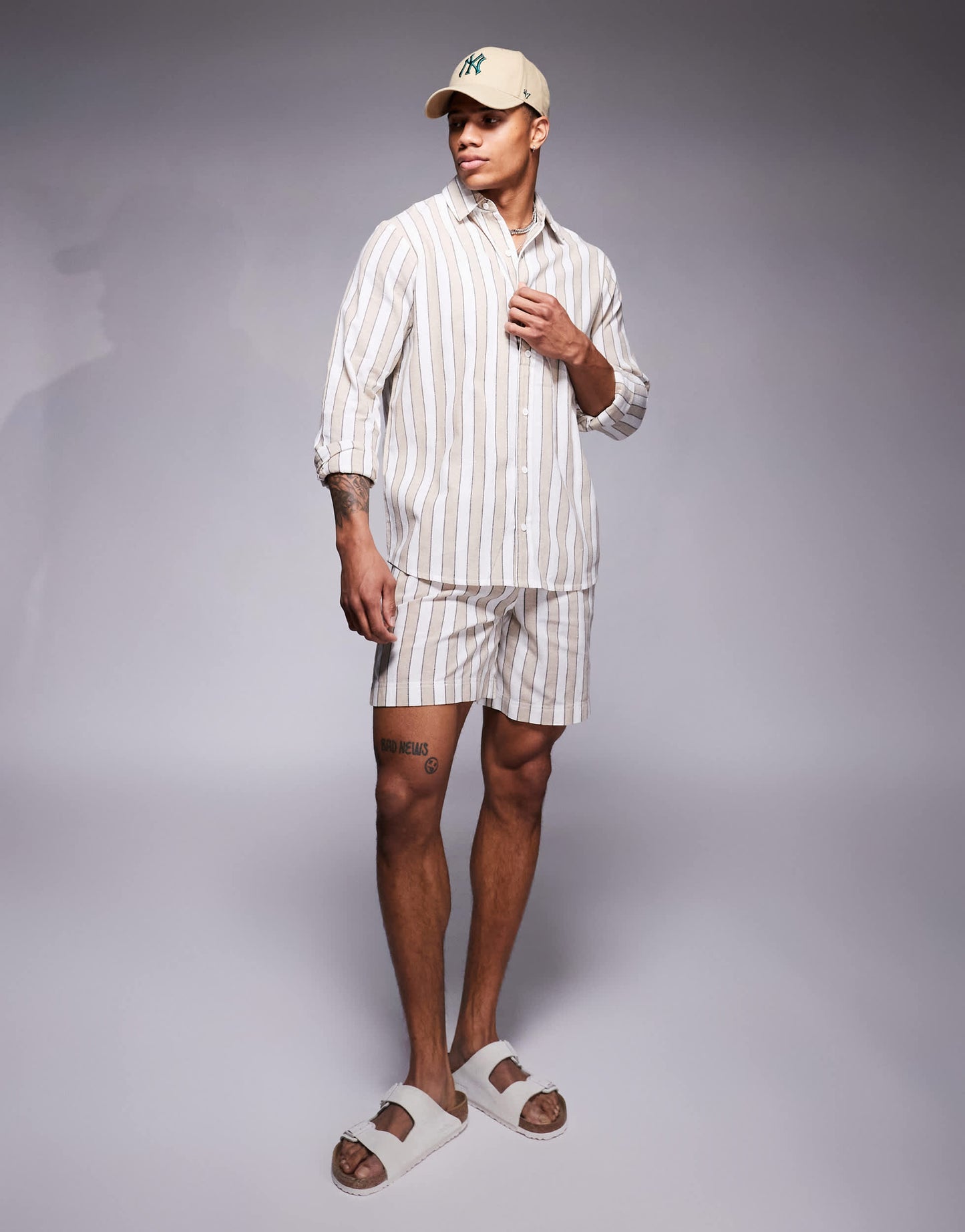 South Beach drawstring beach shorts in beige and white stripe