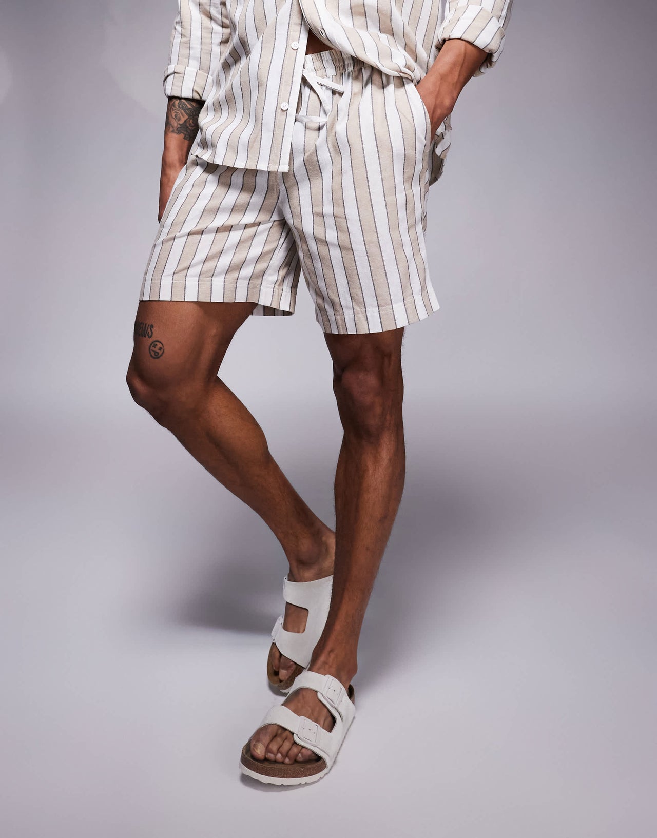 South Beach drawstring beach shorts in beige and white stripe