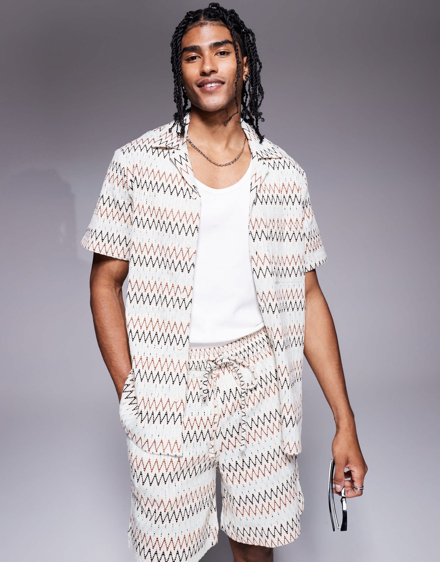 South Beach short sleeve beach shirt in multi zig zag stripe