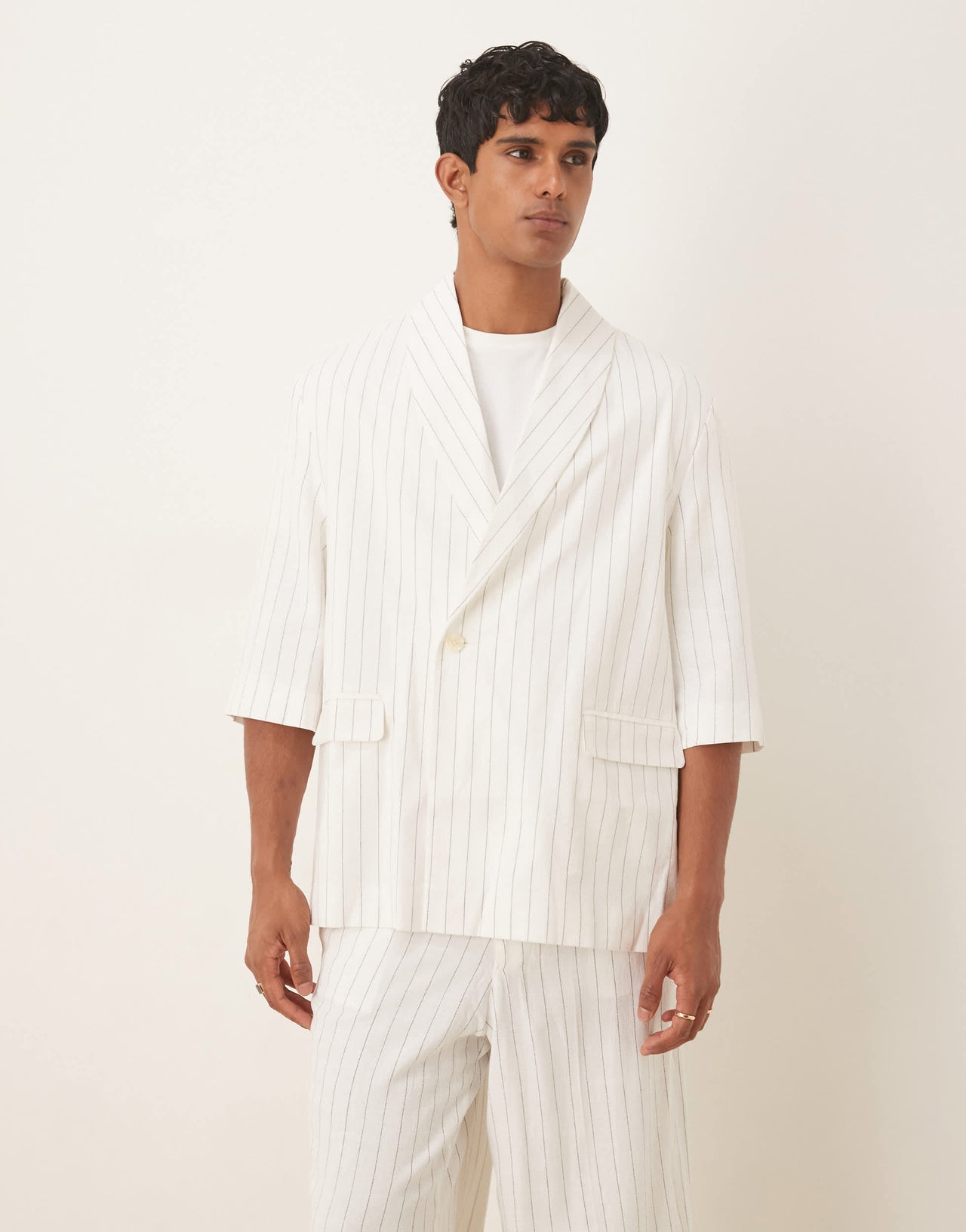 ASOS DESIGN linen mix slouchy oversized suit jacket in white pinstripe