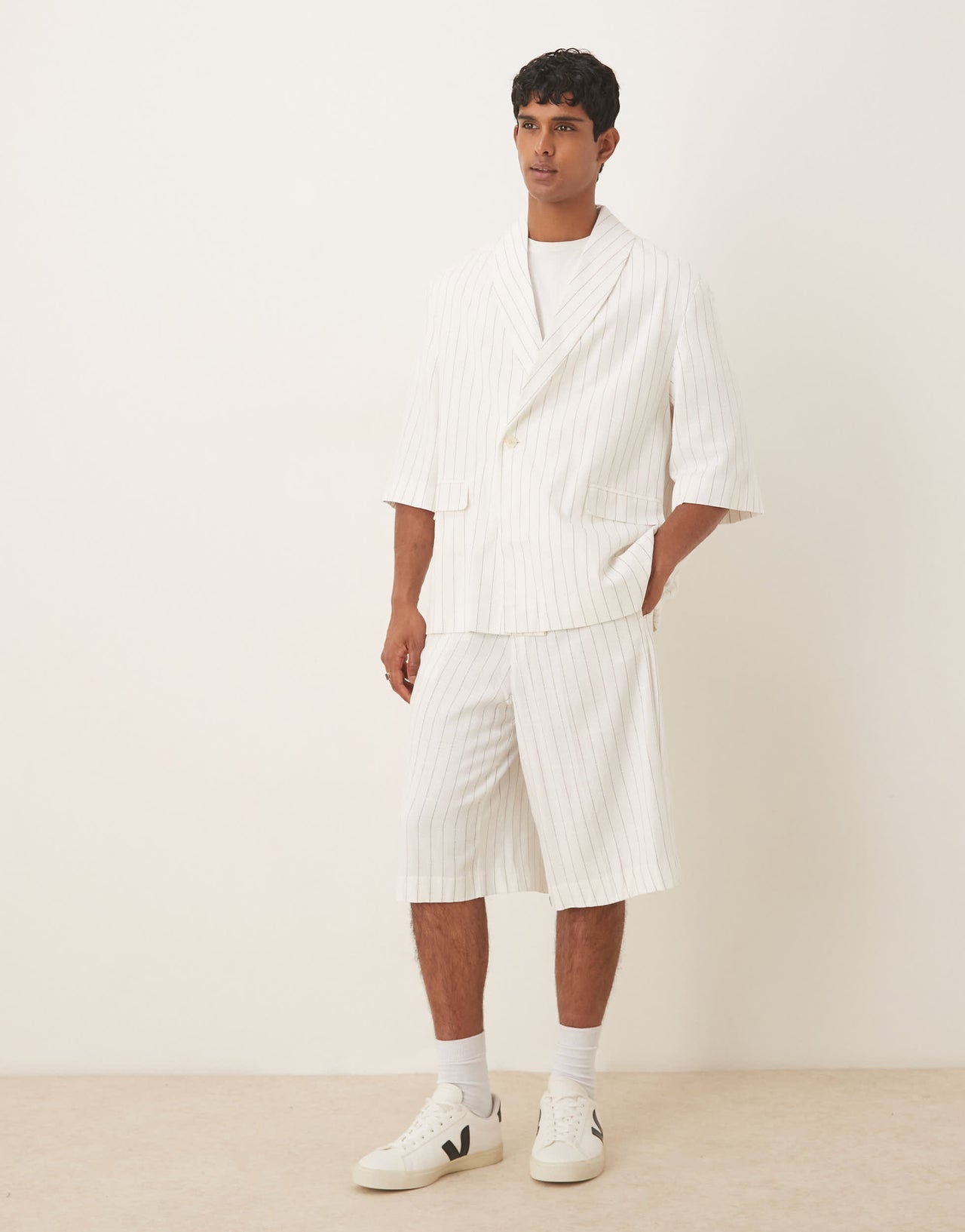ASOS DESIGN linen mix slouchy oversized suit jacket in white pinstripe