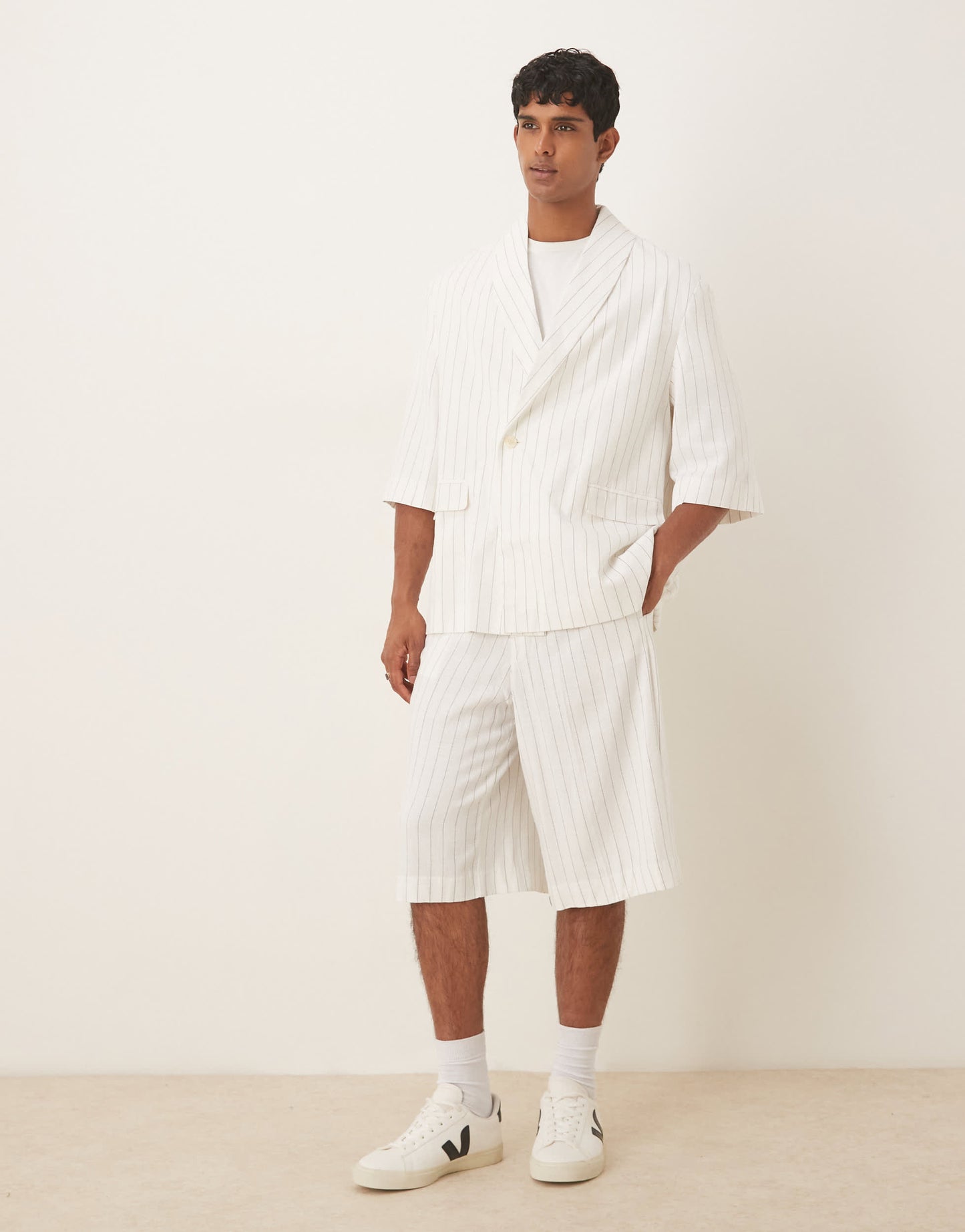 ASOS DESIGN linen mix slouchy oversized suit jacket in white pinstripe