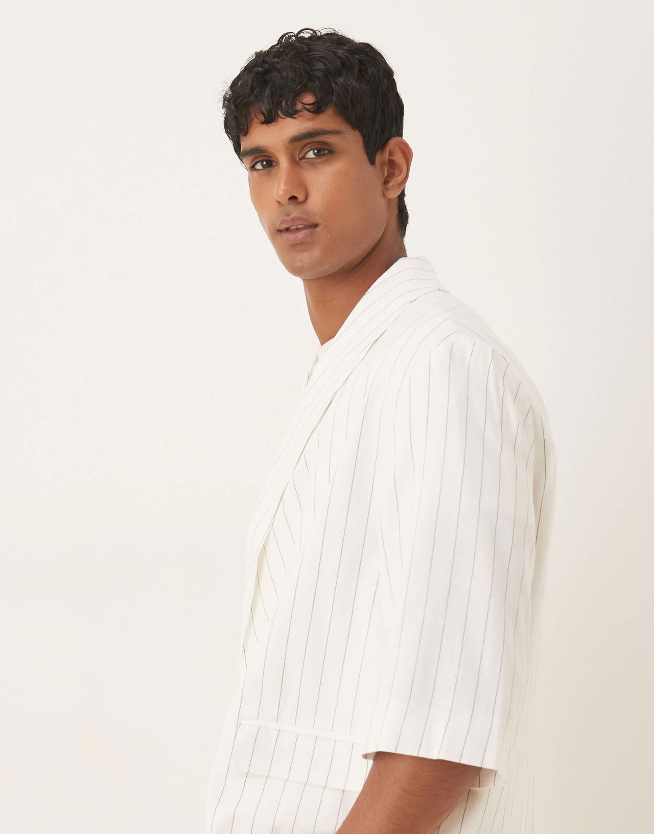 ASOS DESIGN linen mix slouchy oversized suit jacket in white pinstripe
