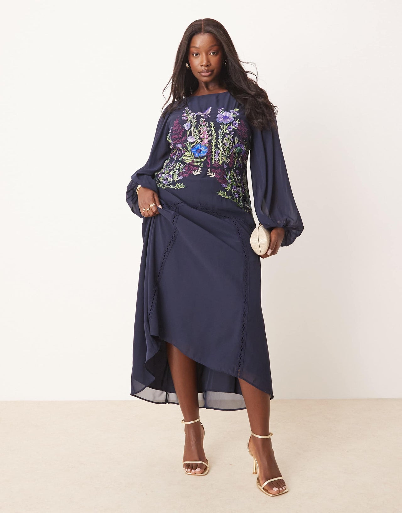 Hope & Ivy Plus embellished high neck midi dress with blouson sleeves in navy