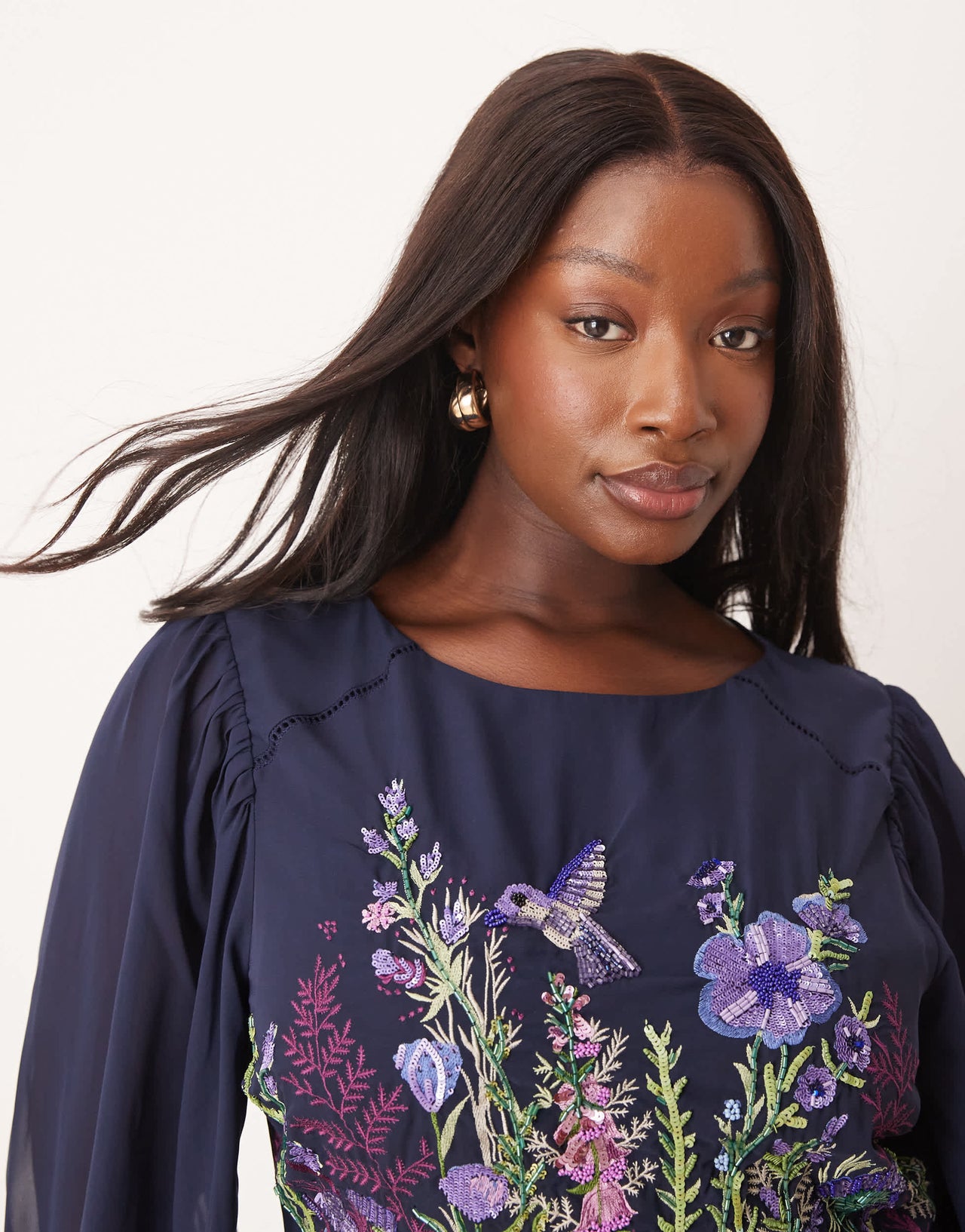 Hope & Ivy Plus embellished high neck midi dress with blouson sleeves in navy