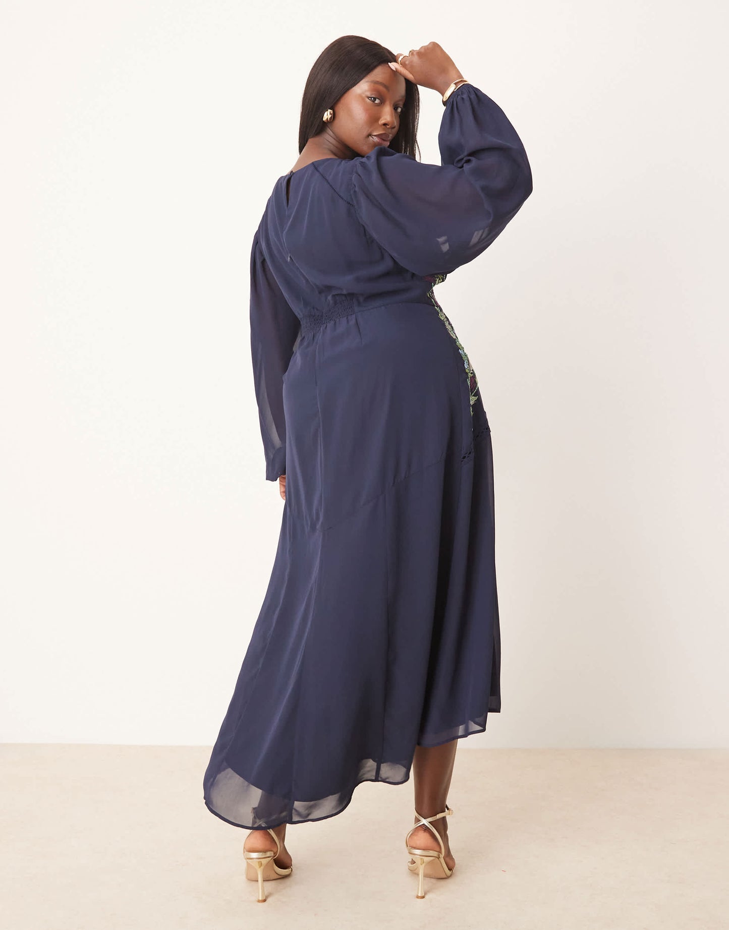 Hope & Ivy Plus embellished high neck midi dress with blouson sleeves in navy