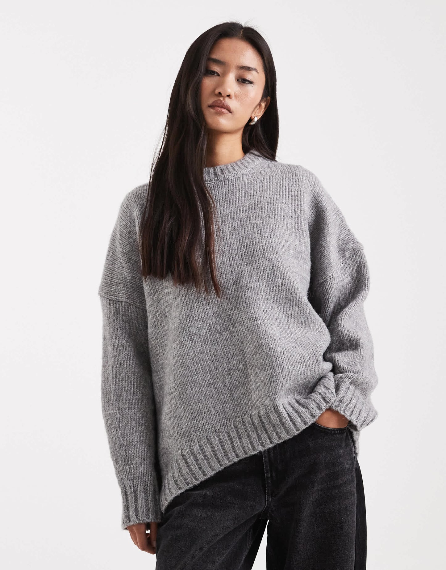 ASOS DESIGN oversized crew neck jumper with curved hem in grey