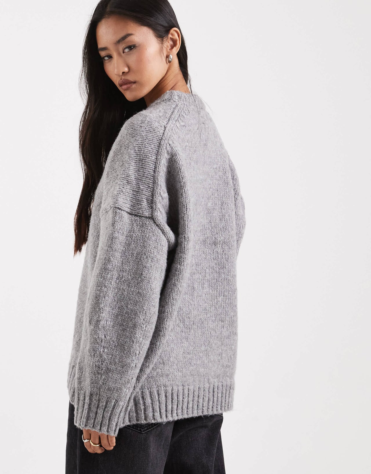 ASOS DESIGN oversized crew neck jumper with curved hem in grey