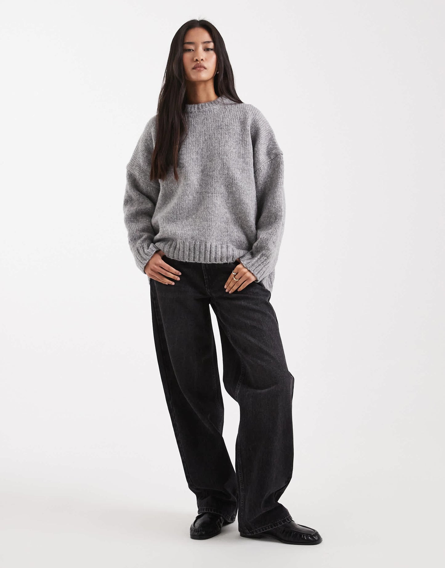 ASOS DESIGN oversized crew neck jumper with curved hem in grey