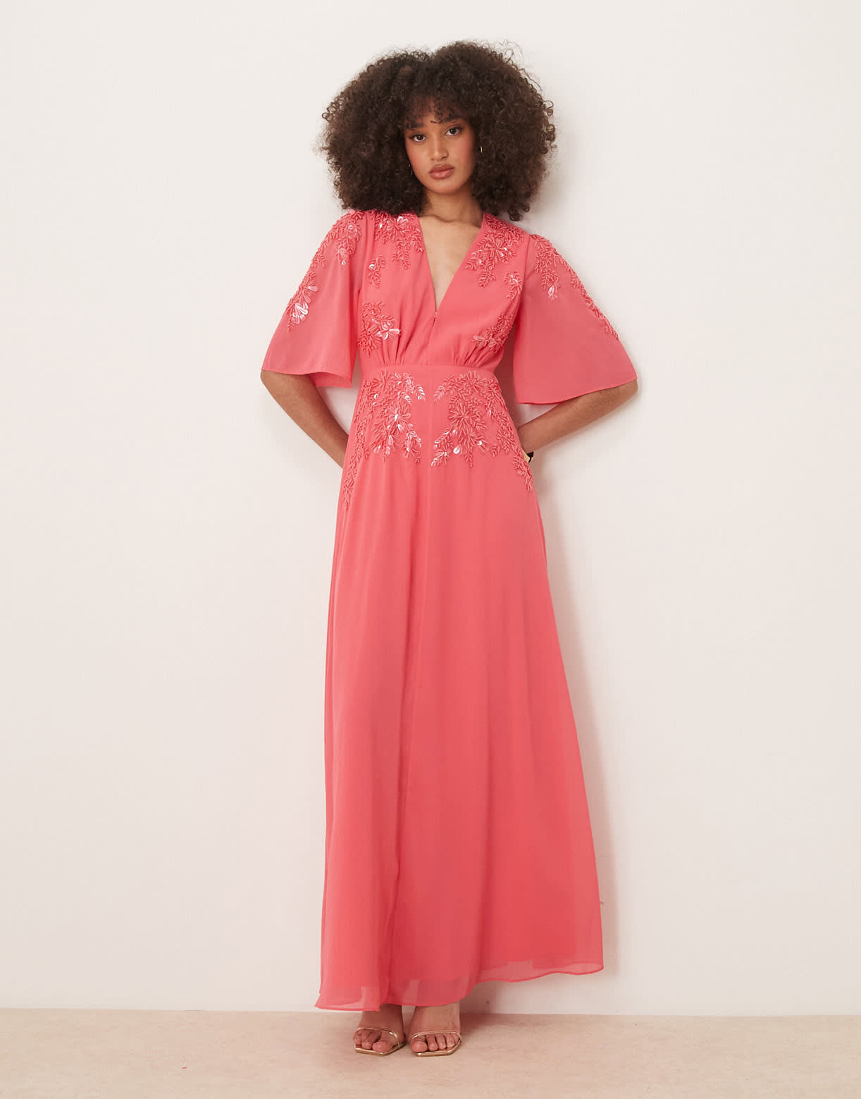 Hope & Ivy plunge front embellished maxi dress in coral