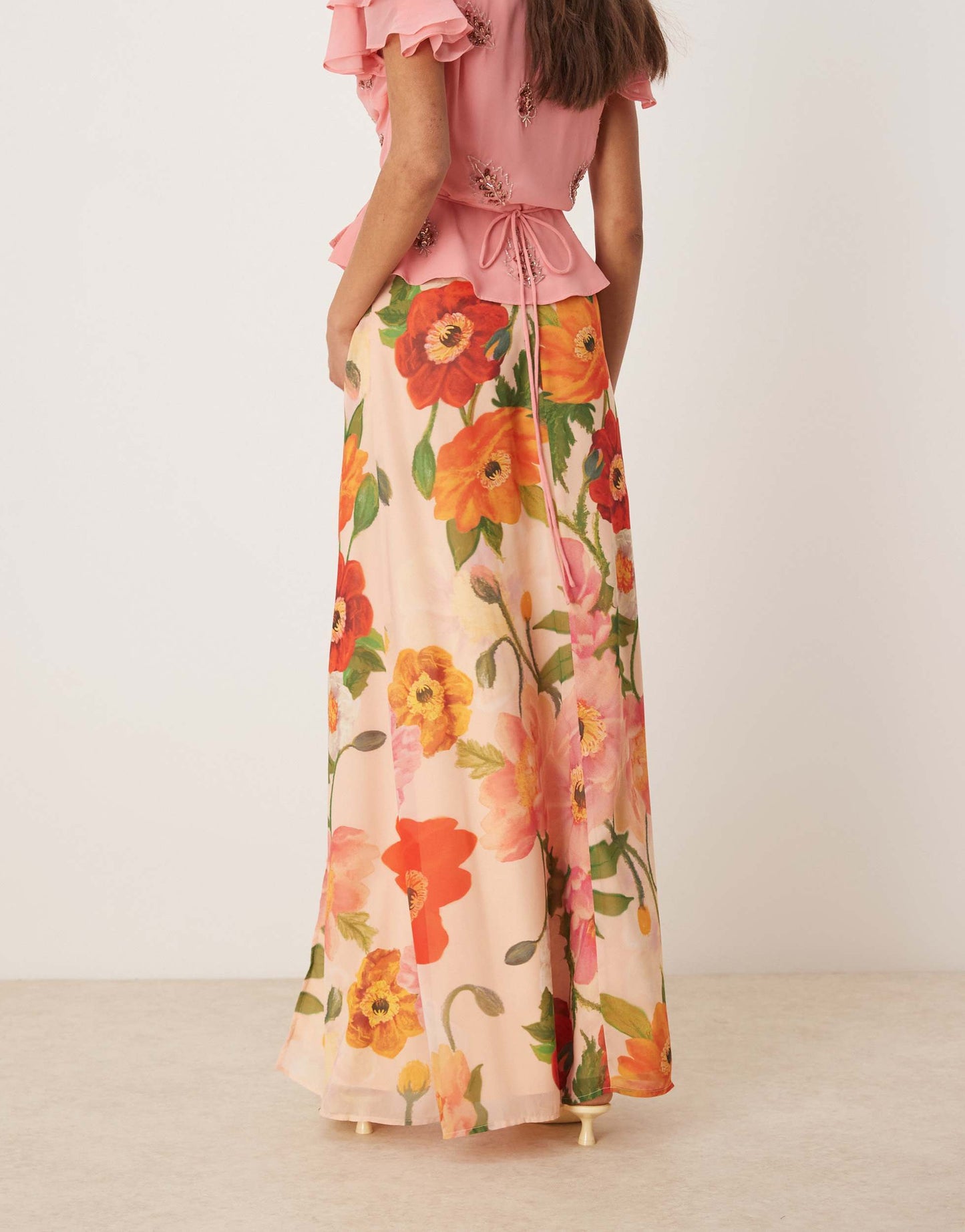 Hope & Ivy high waisted thigh split maxi skirt co-ord in pink multi