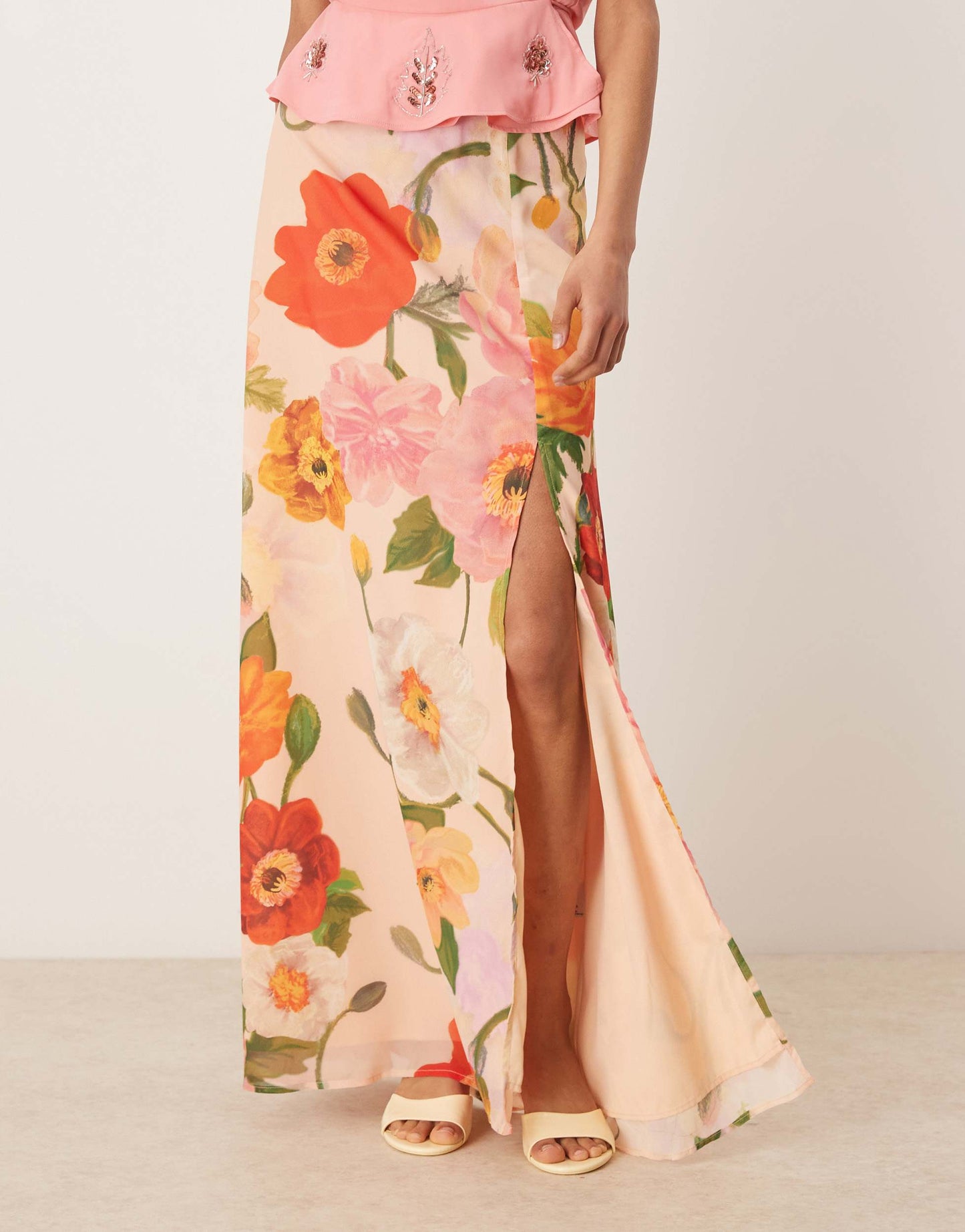 Hope & Ivy high waisted thigh split maxi skirt co-ord in pink multi