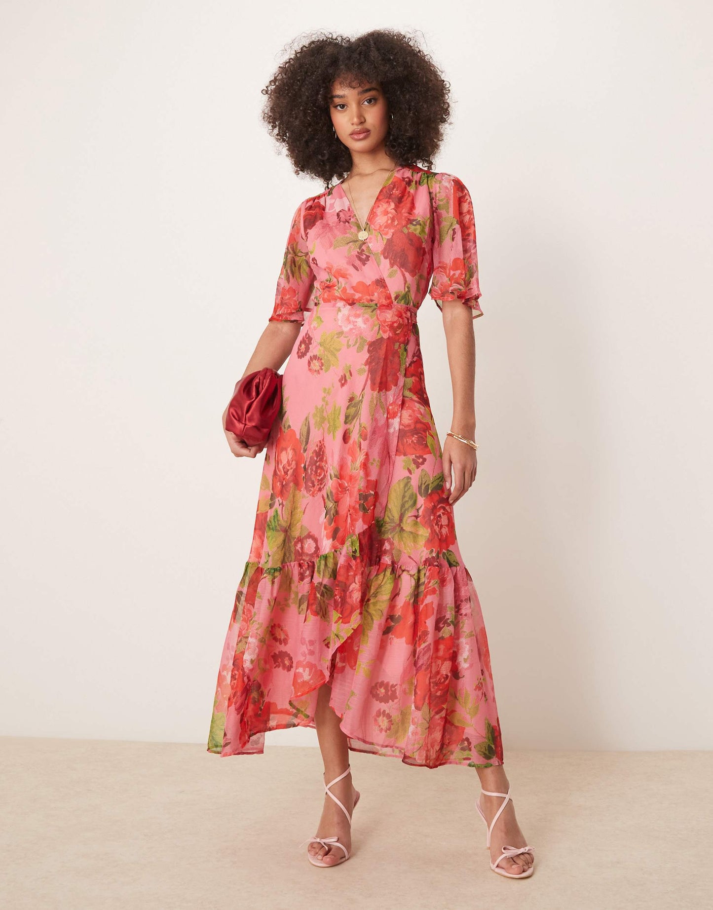 Hope & Ivy flutter sleeve maxi wrap dress with tie waist in red multi