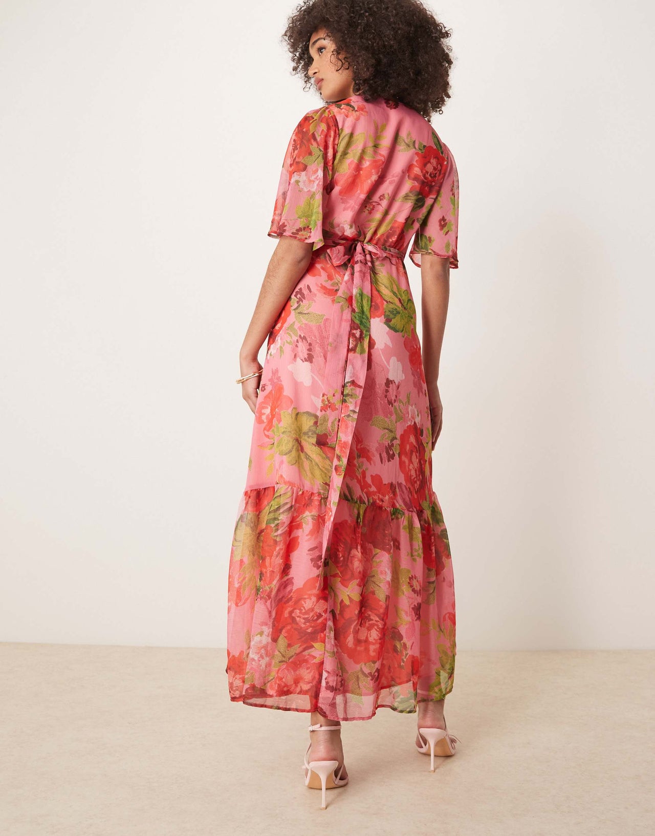 Hope & Ivy flutter sleeve maxi wrap dress with tie waist in red multi