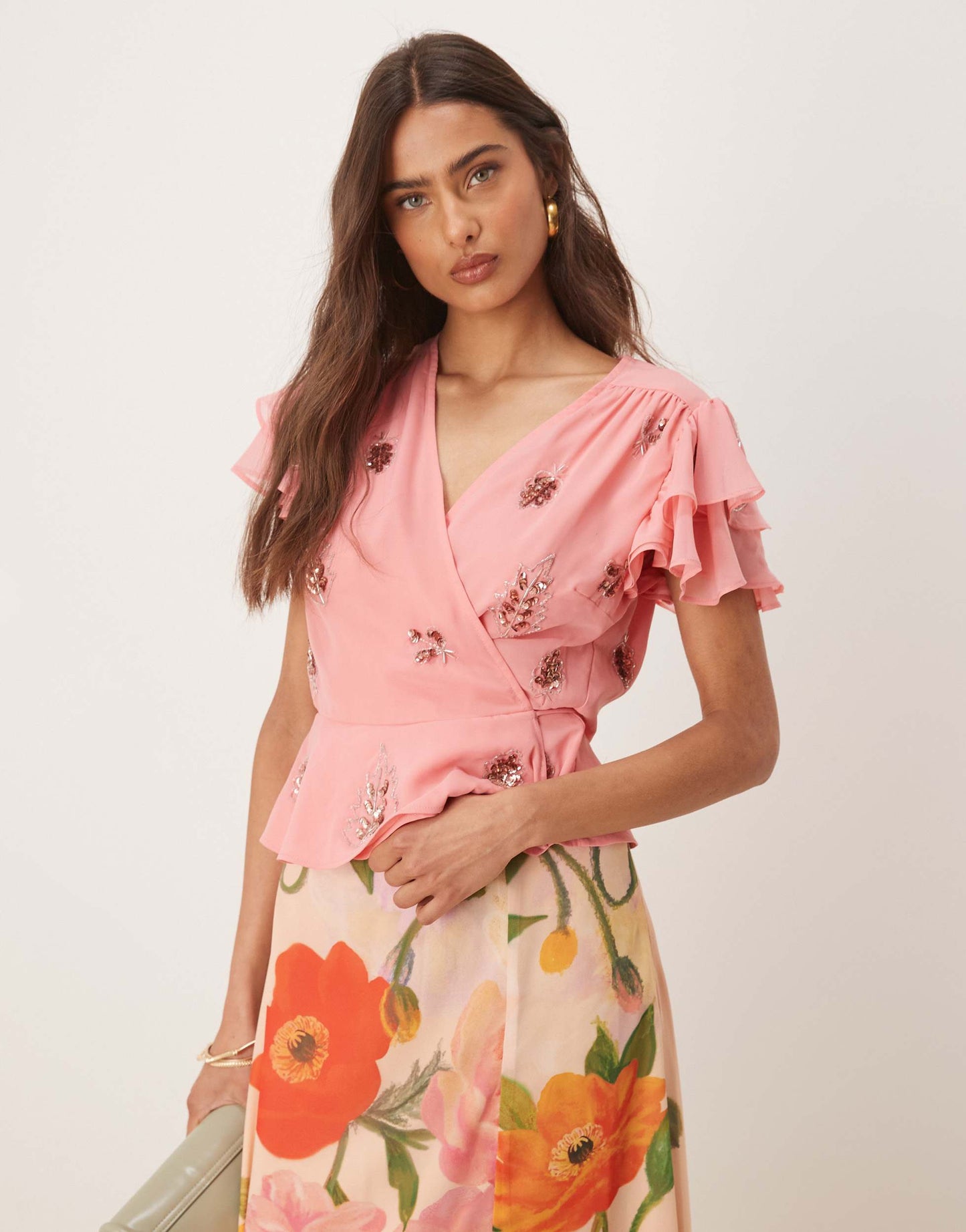 Hope & Ivy frill sleeve embellished wrap top co-ord in pink