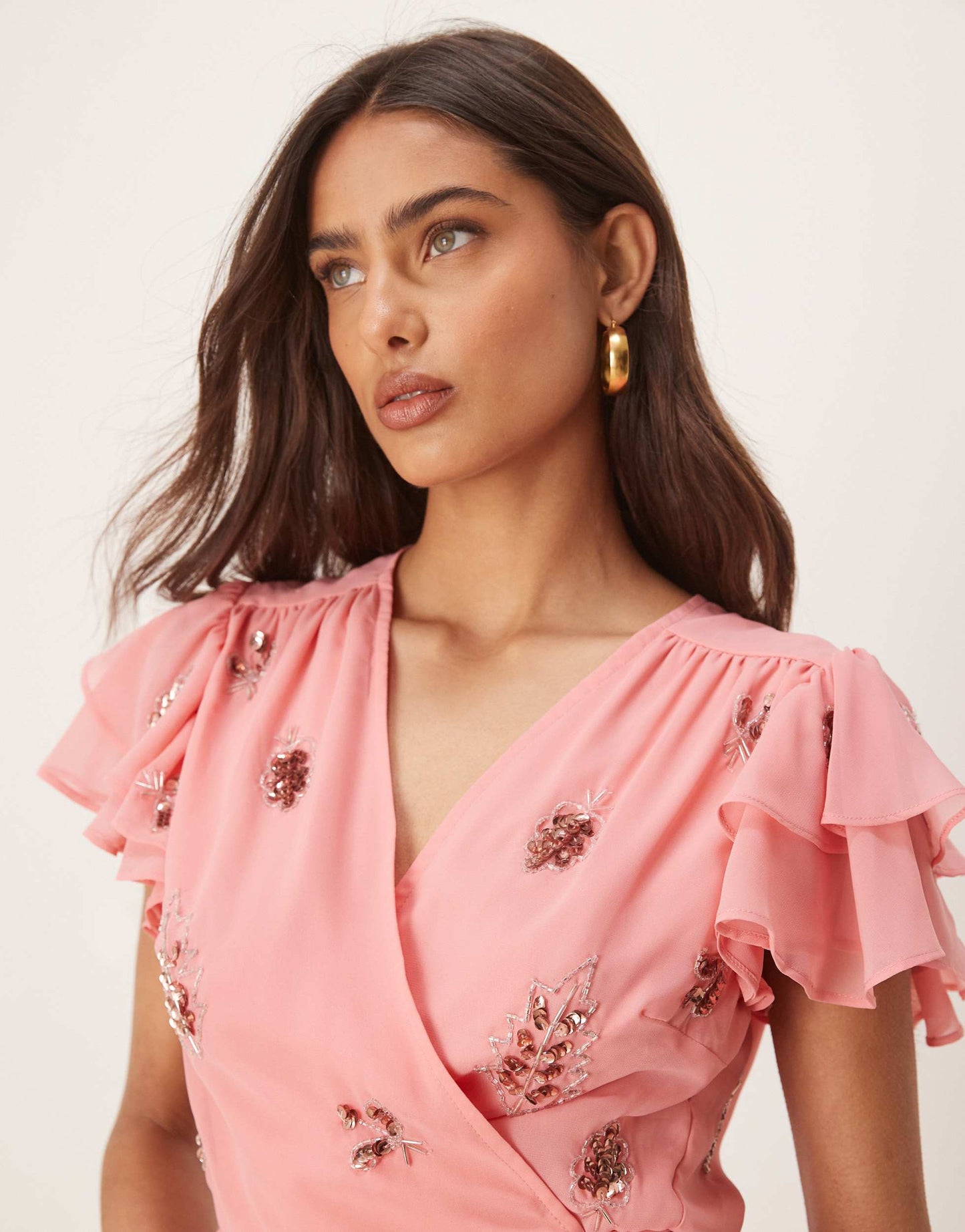 Hope & Ivy frill sleeve embellished wrap top co-ord in pink