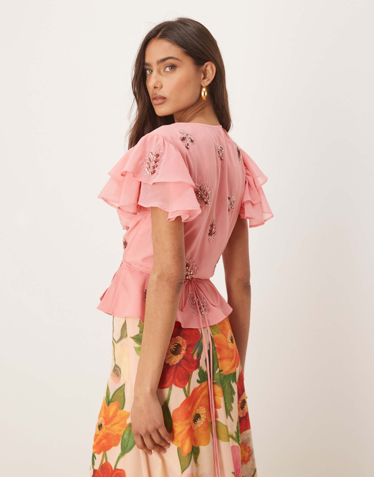 Hope & Ivy frill sleeve embellished wrap top co-ord in pink