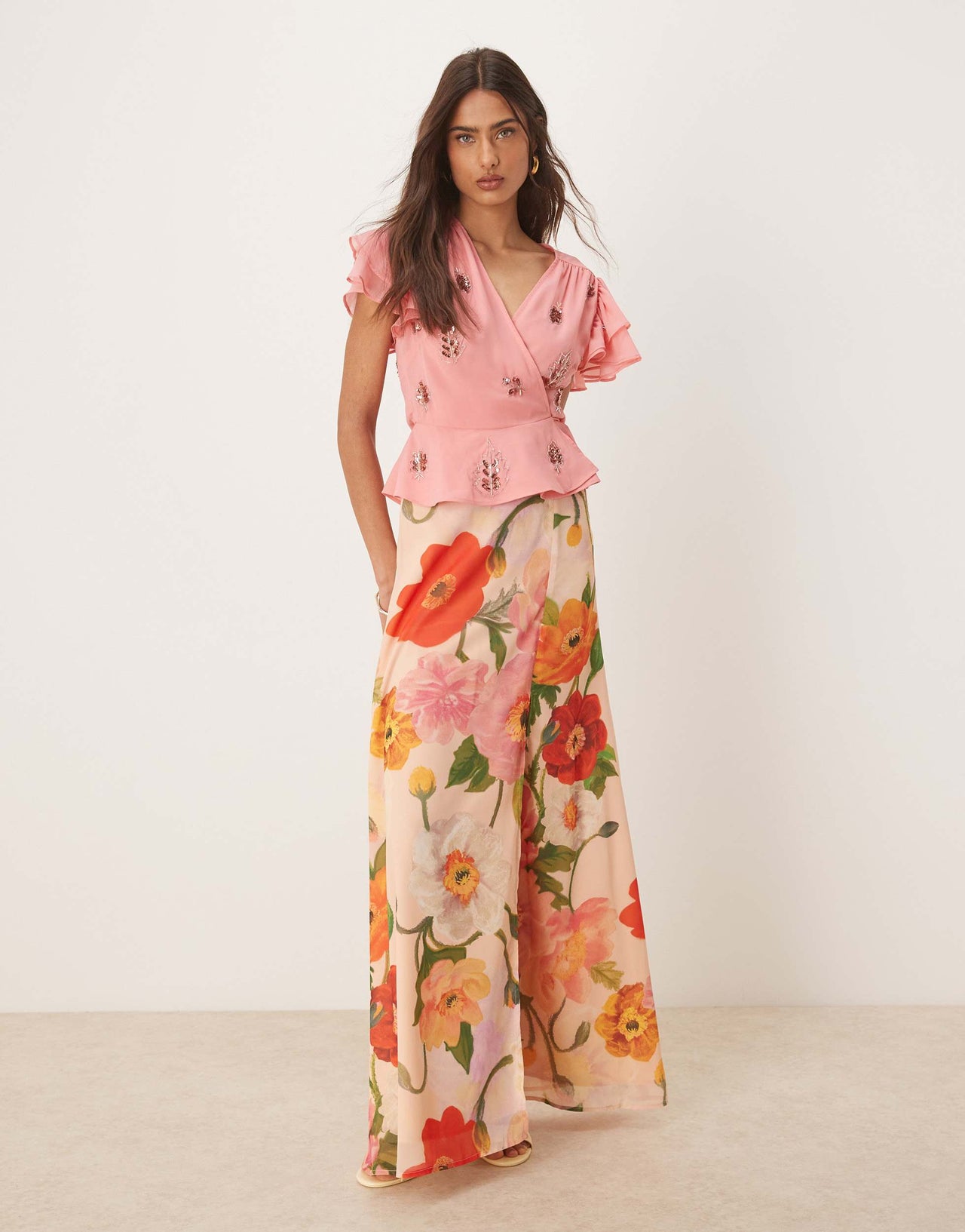 Hope & Ivy frill sleeve embellished wrap top co-ord in pink