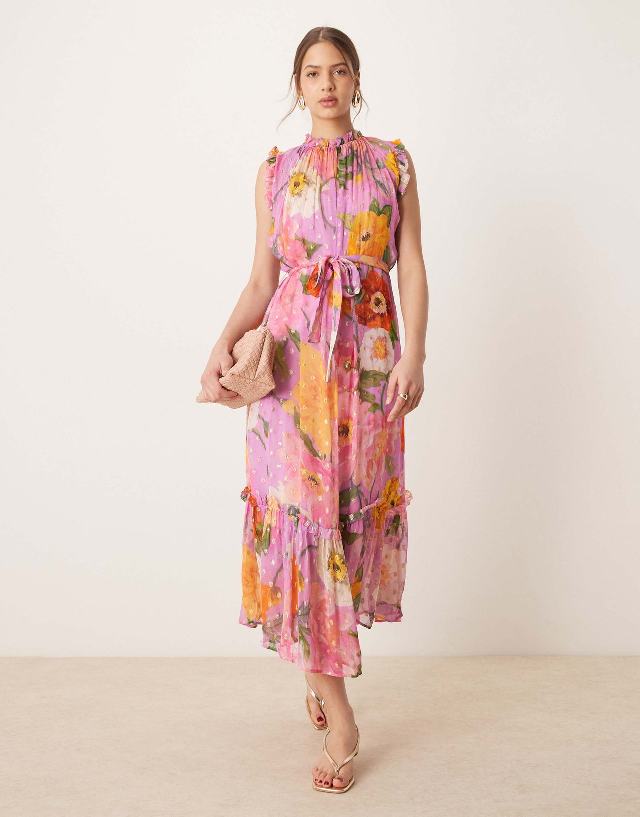 Hope & Ivy high neck ruffle midi dress with tie waist in pink print