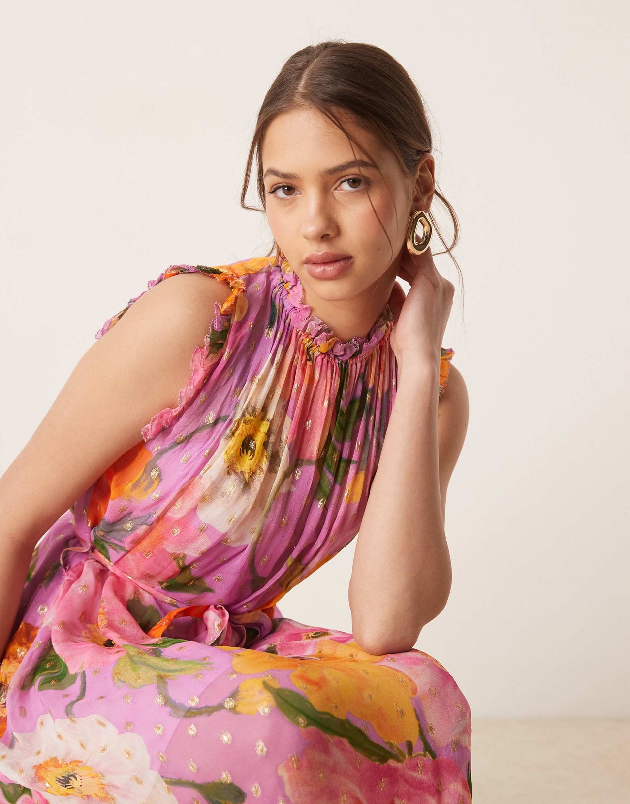 Hope & Ivy high neck ruffle midi dress with tie waist in pink print