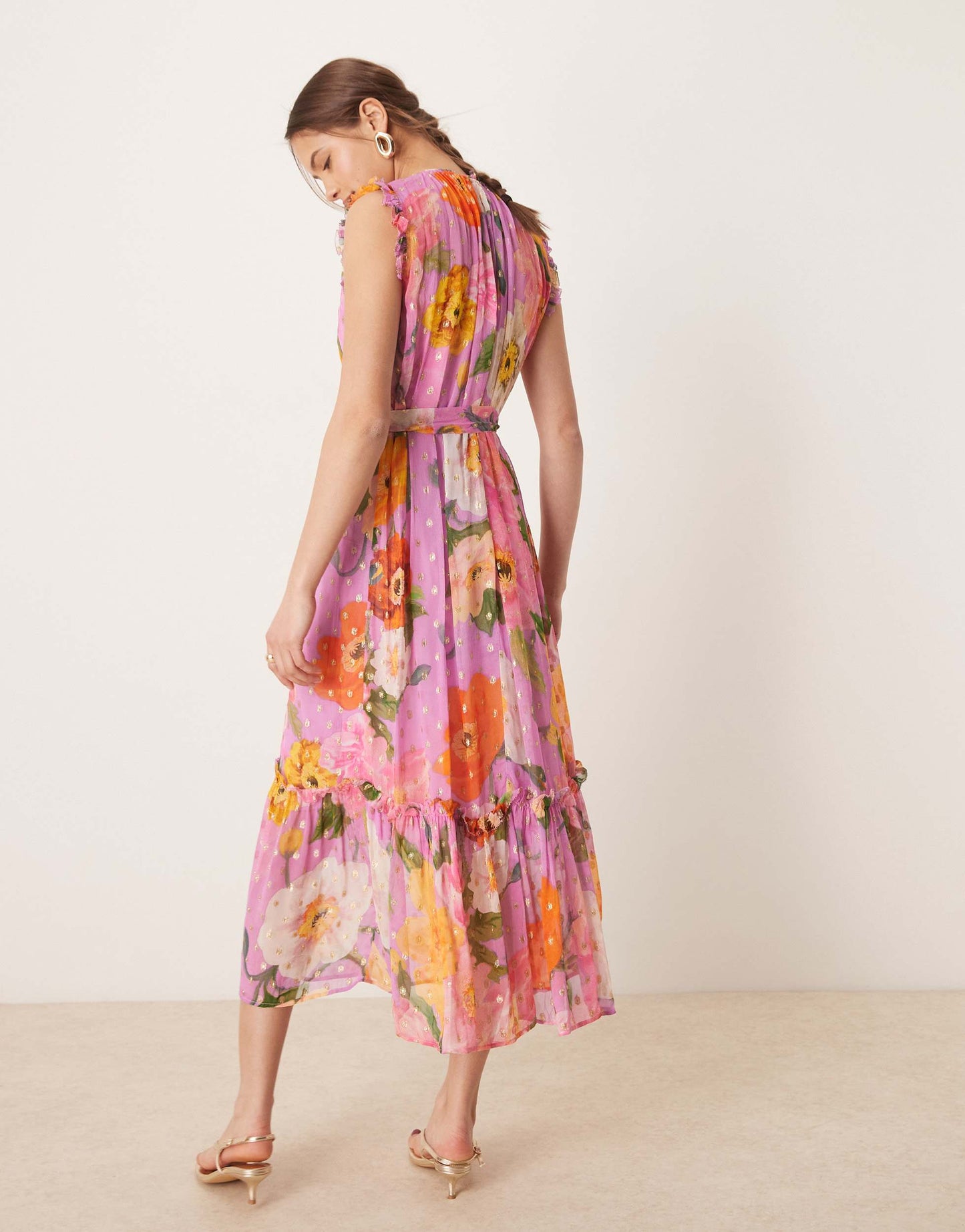 Hope & Ivy high neck ruffle midi dress with tie waist in pink print
