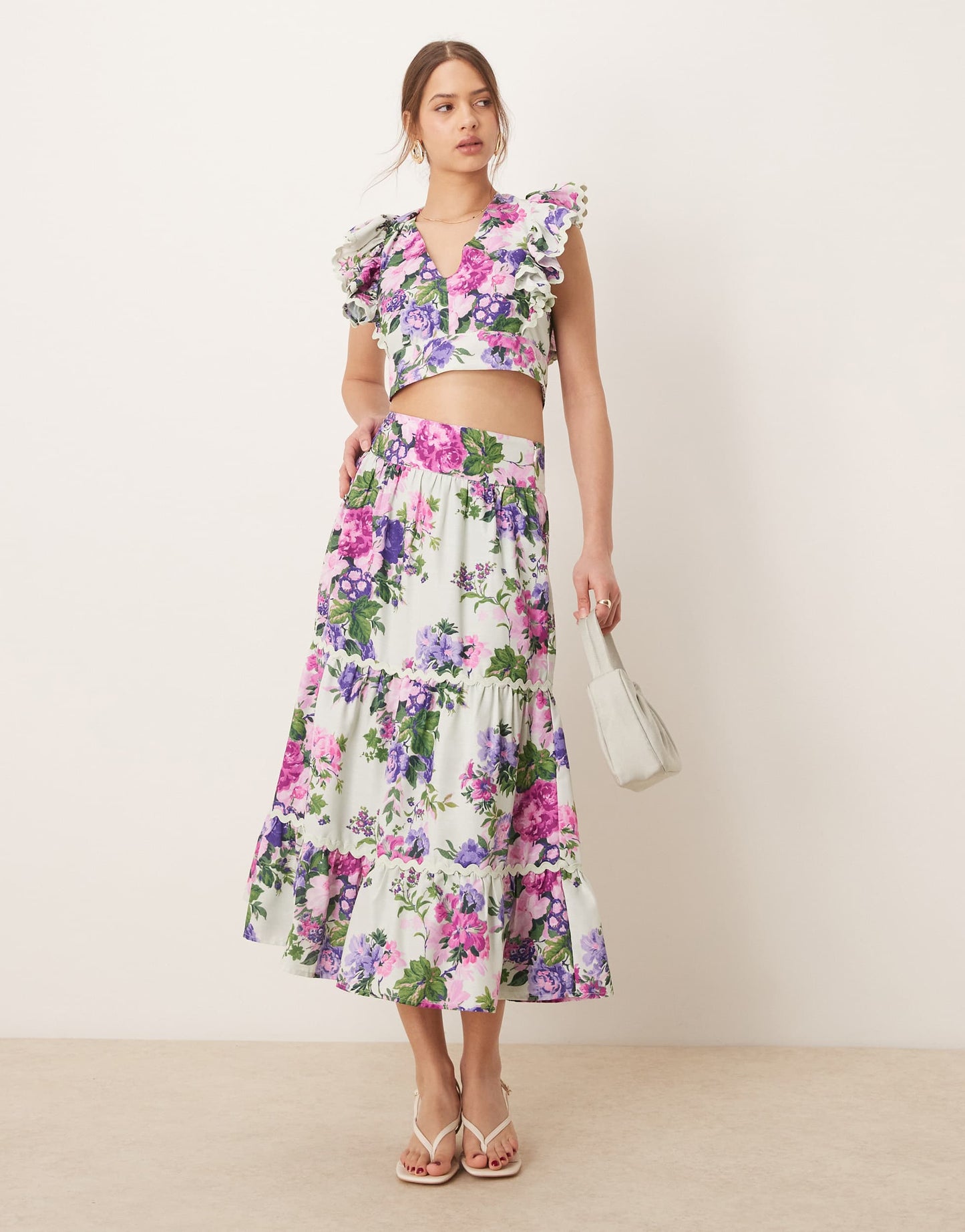 Hope & Ivy ruffle sleeve tie back cropped top co-ord in multi floral