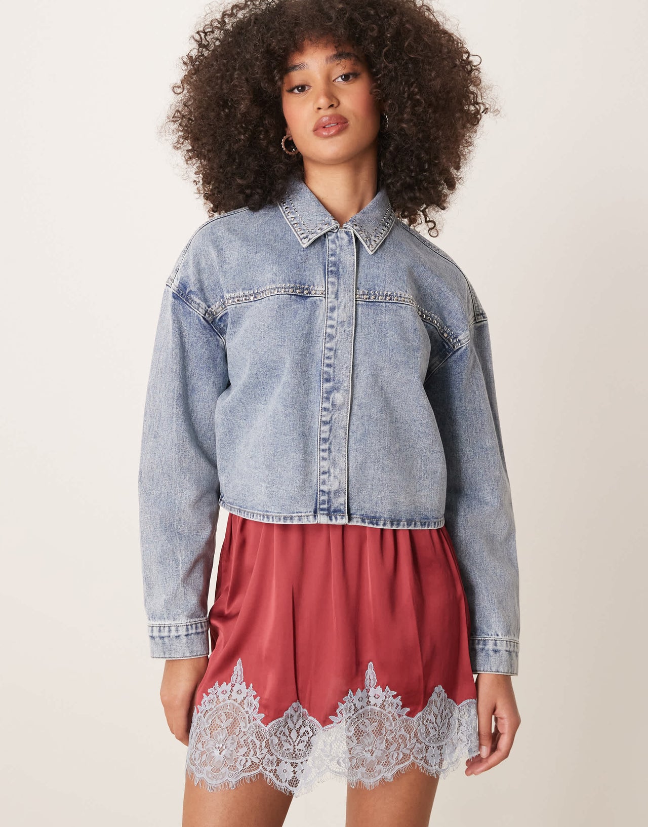 JDY lightweight cropped denim jacket with studs in light wash blue