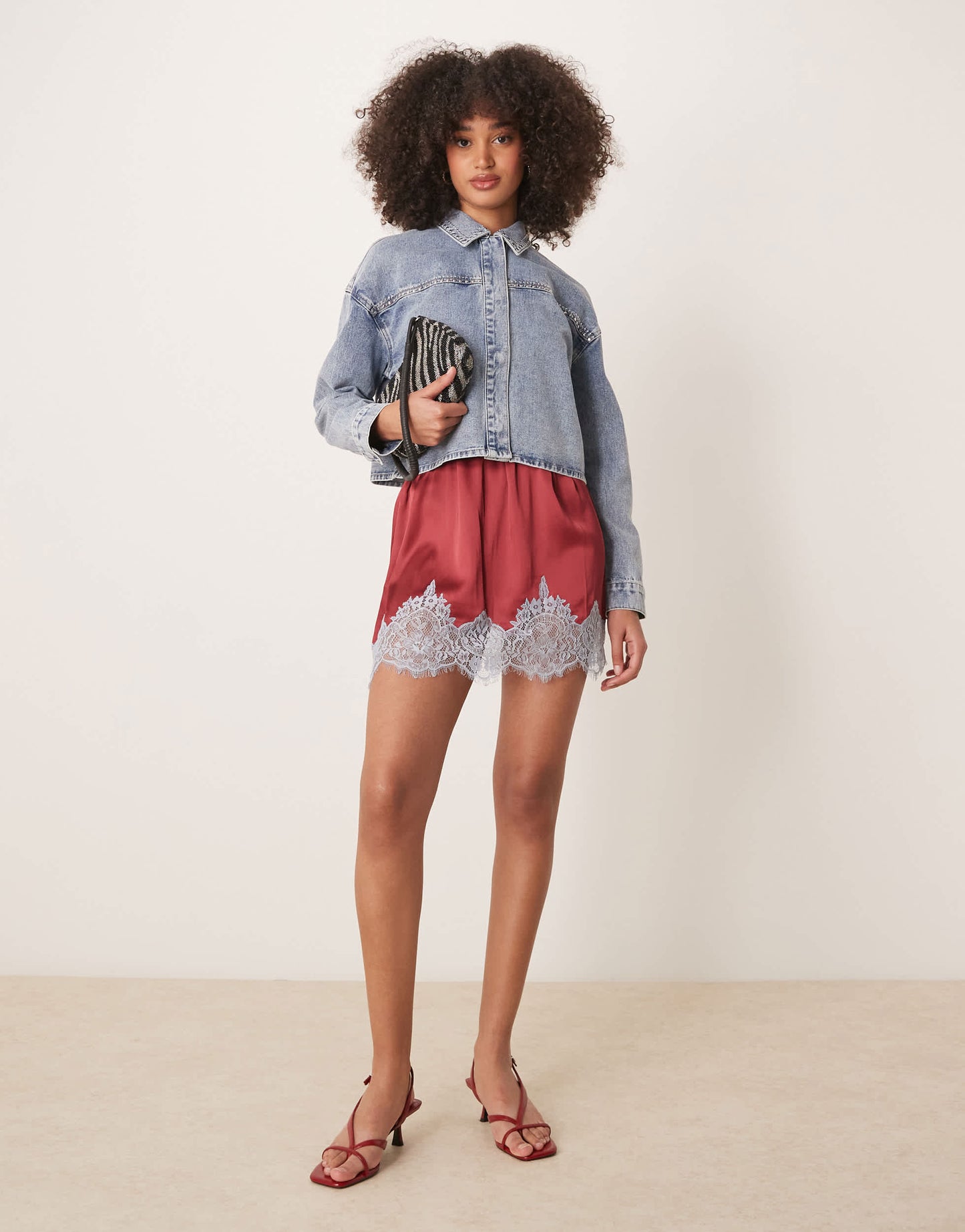 JDY lightweight cropped denim jacket with studs in light wash blue