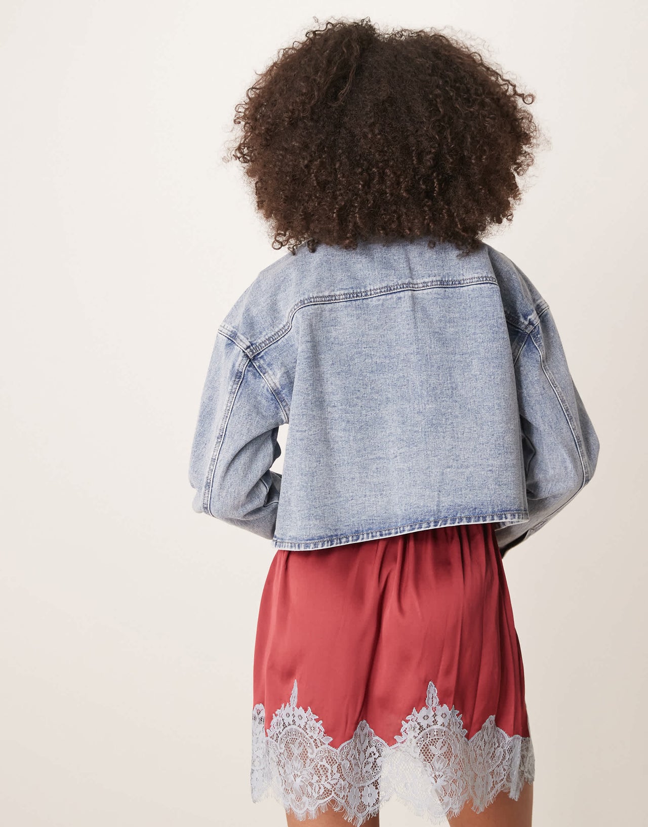 JDY lightweight cropped denim jacket with studs in light wash blue