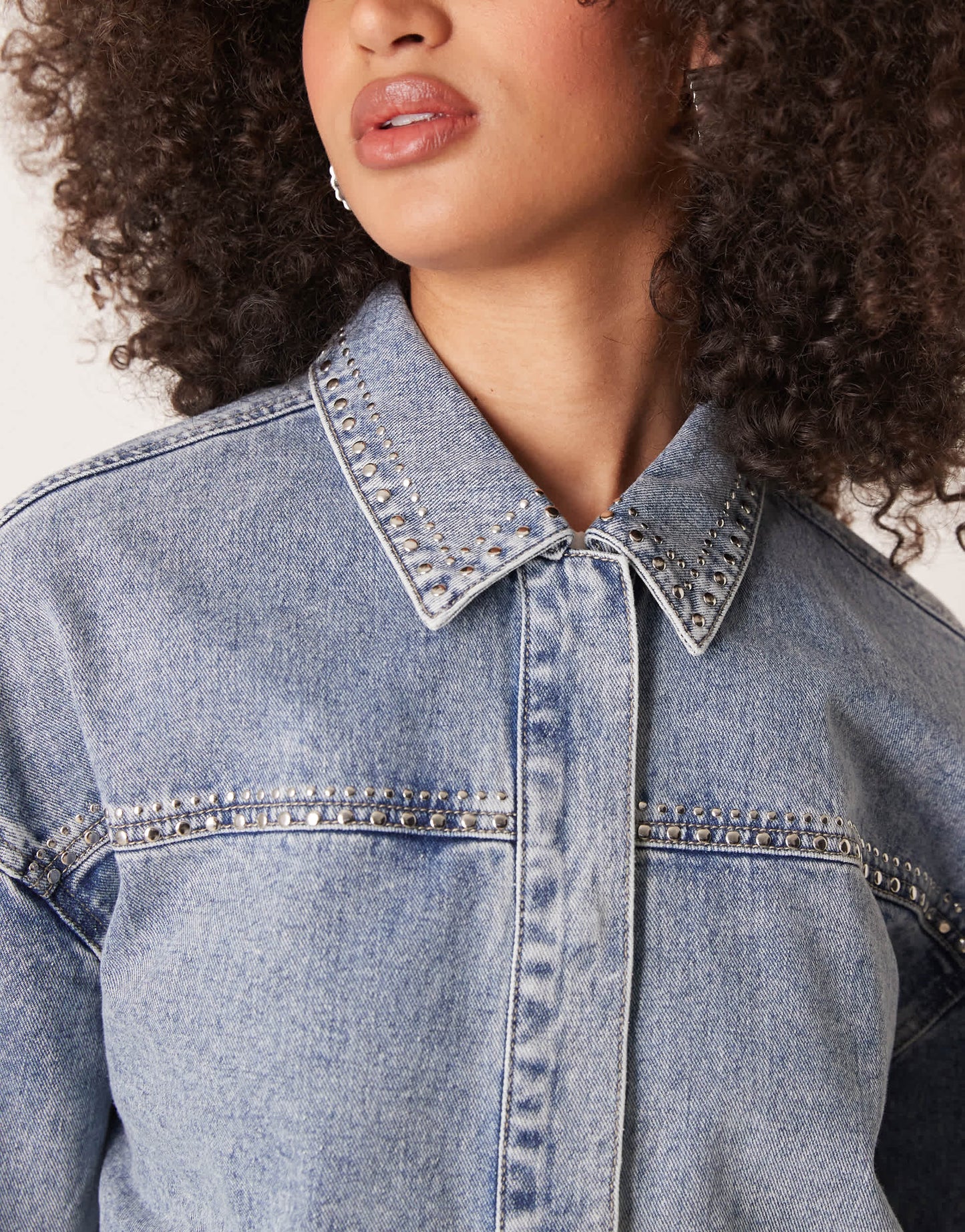JDY lightweight cropped denim jacket with studs in light wash blue