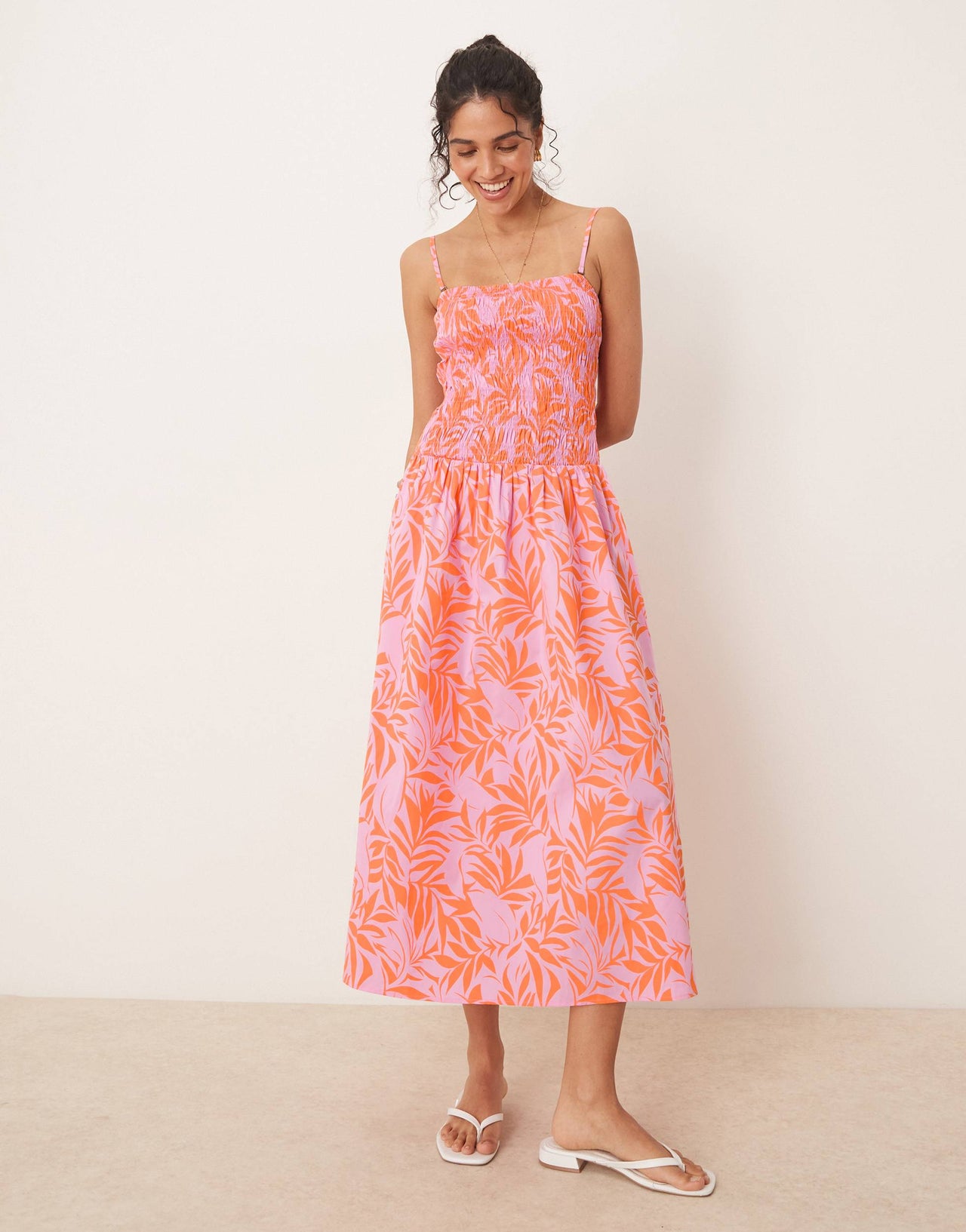 JDY drop waist shirred midaxi dress in pink & orange print