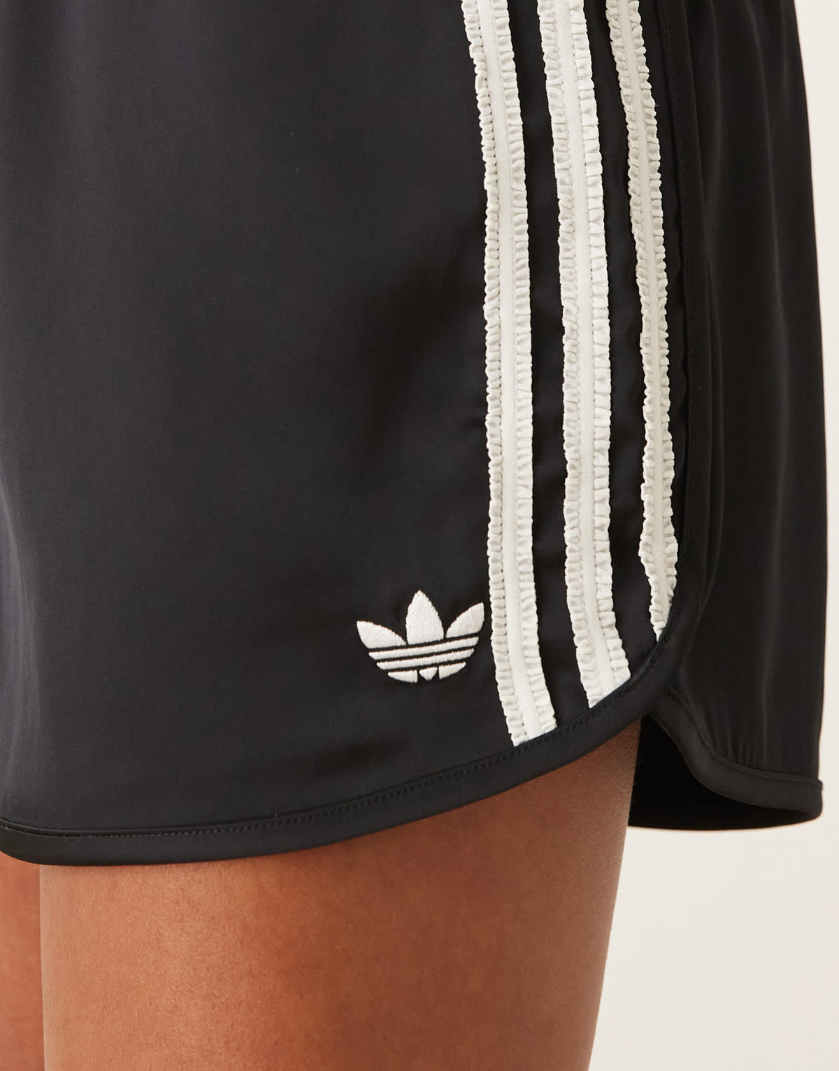 adidas Originals satin sprinter shorts in black with ruffle 3 stripe