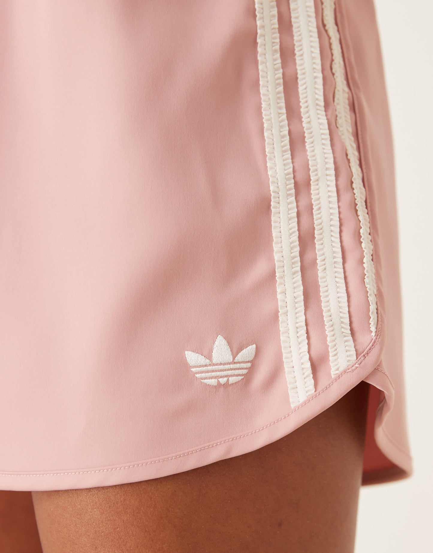 adidas Originals satin sprinter shorts in pink with ruffle 3 stripe
