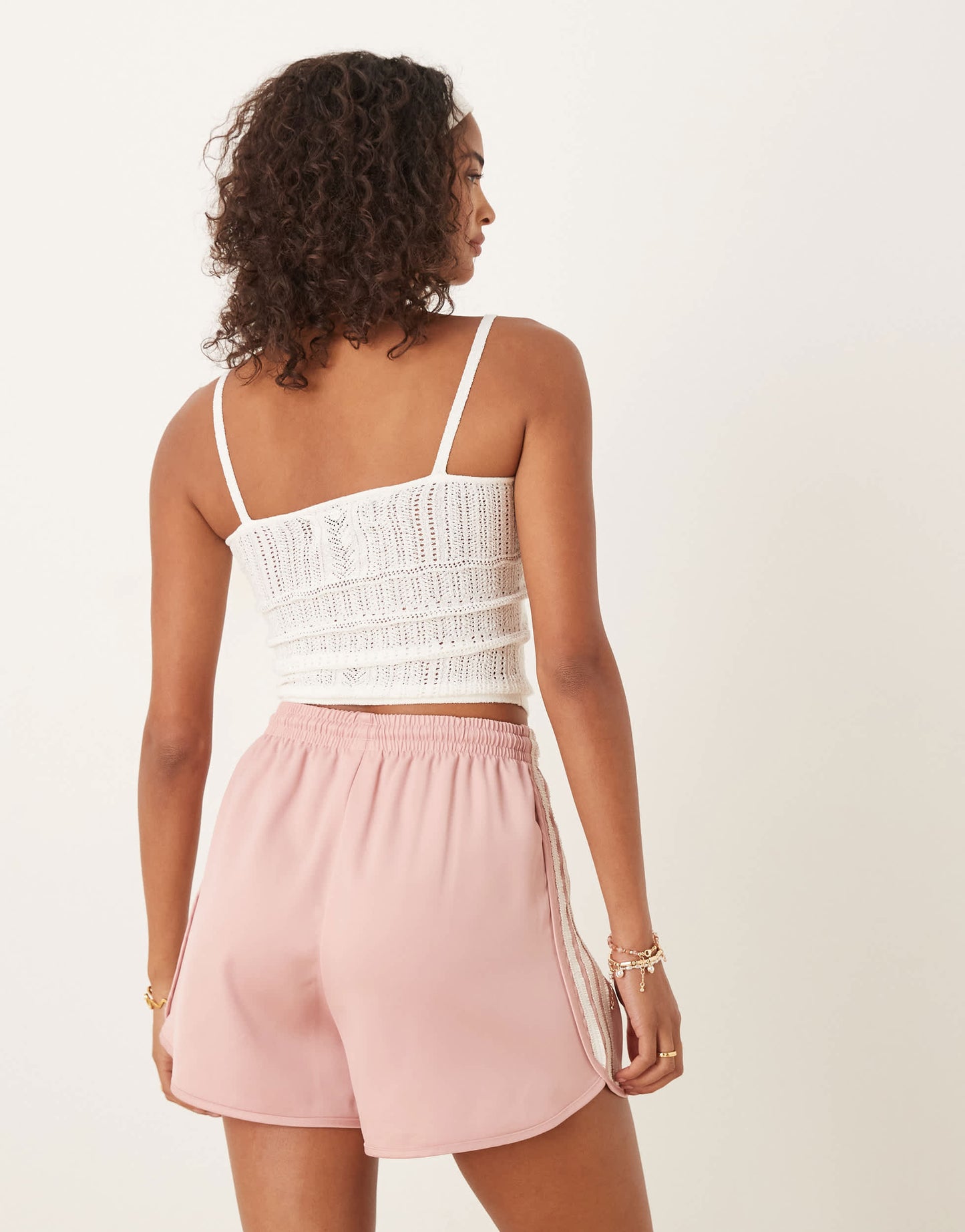adidas Originals satin sprinter shorts in pink with ruffle 3 stripe