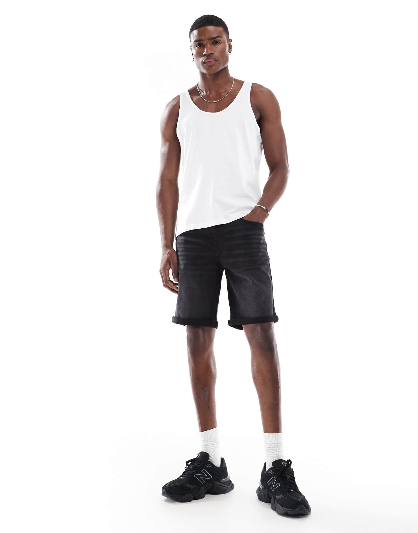 ASOS DESIGN stretch slim regular length denim shorts in washed black