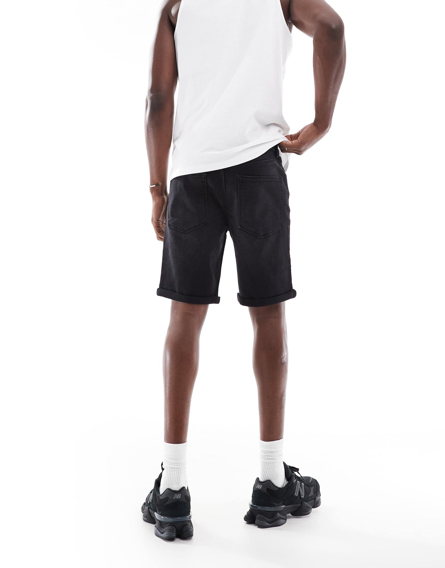 ASOS DESIGN stretch slim regular length denim shorts in washed black
