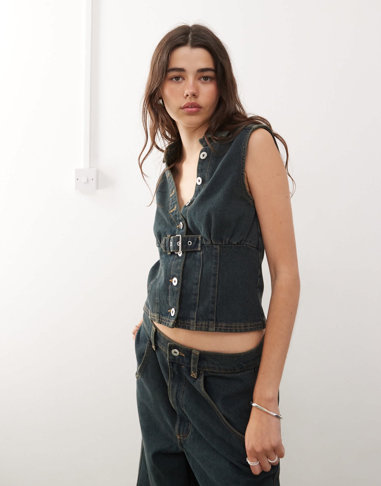 COLLUSION festival denim buckle waistcoat co-ord in green wash