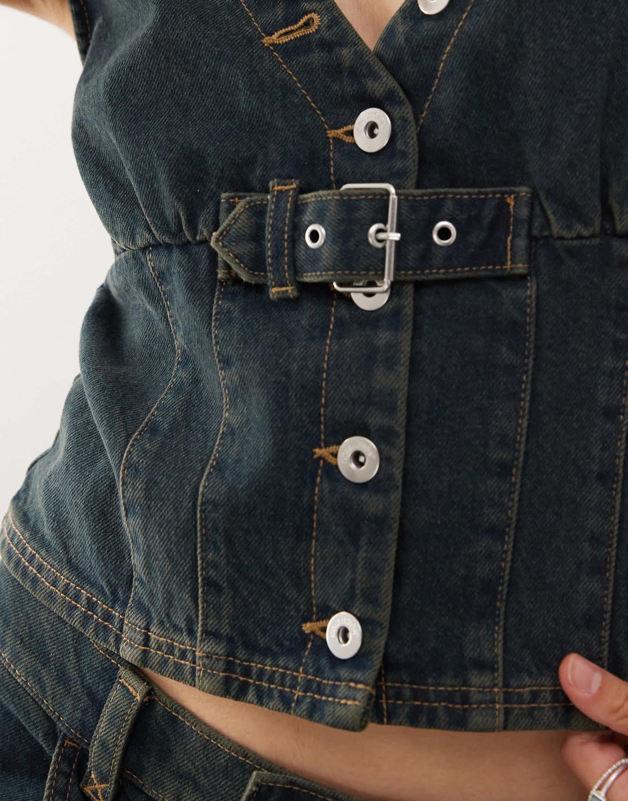 COLLUSION festival denim buckle waistcoat co-ord in green wash