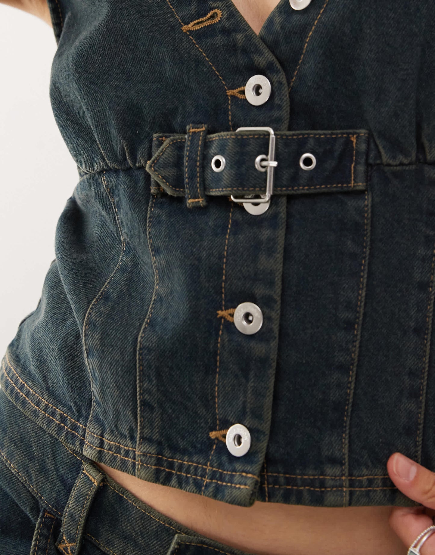 COLLUSION festival denim buckle waistcoat co-ord in green wash