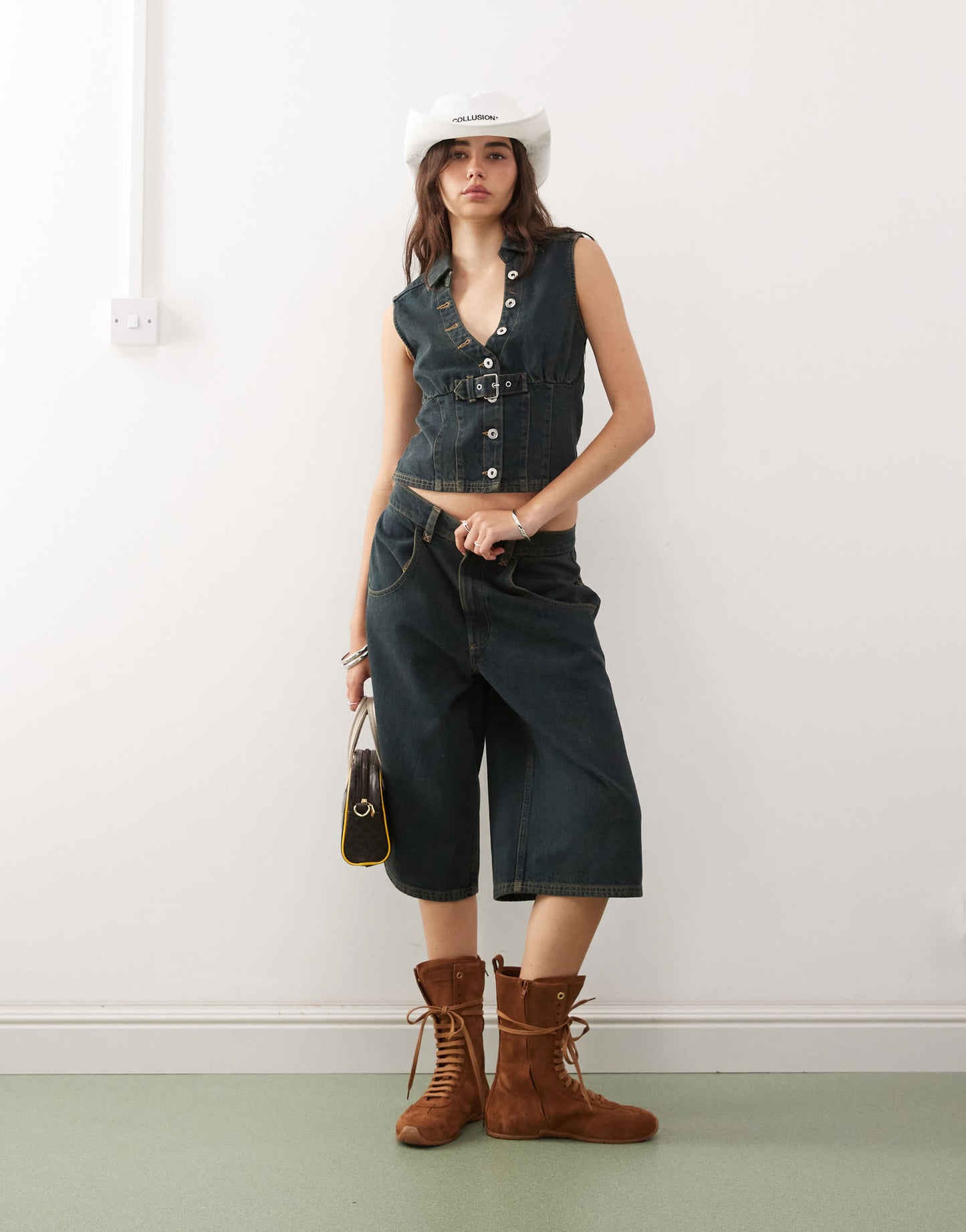 COLLUSION festival denim buckle waistcoat co-ord in green wash