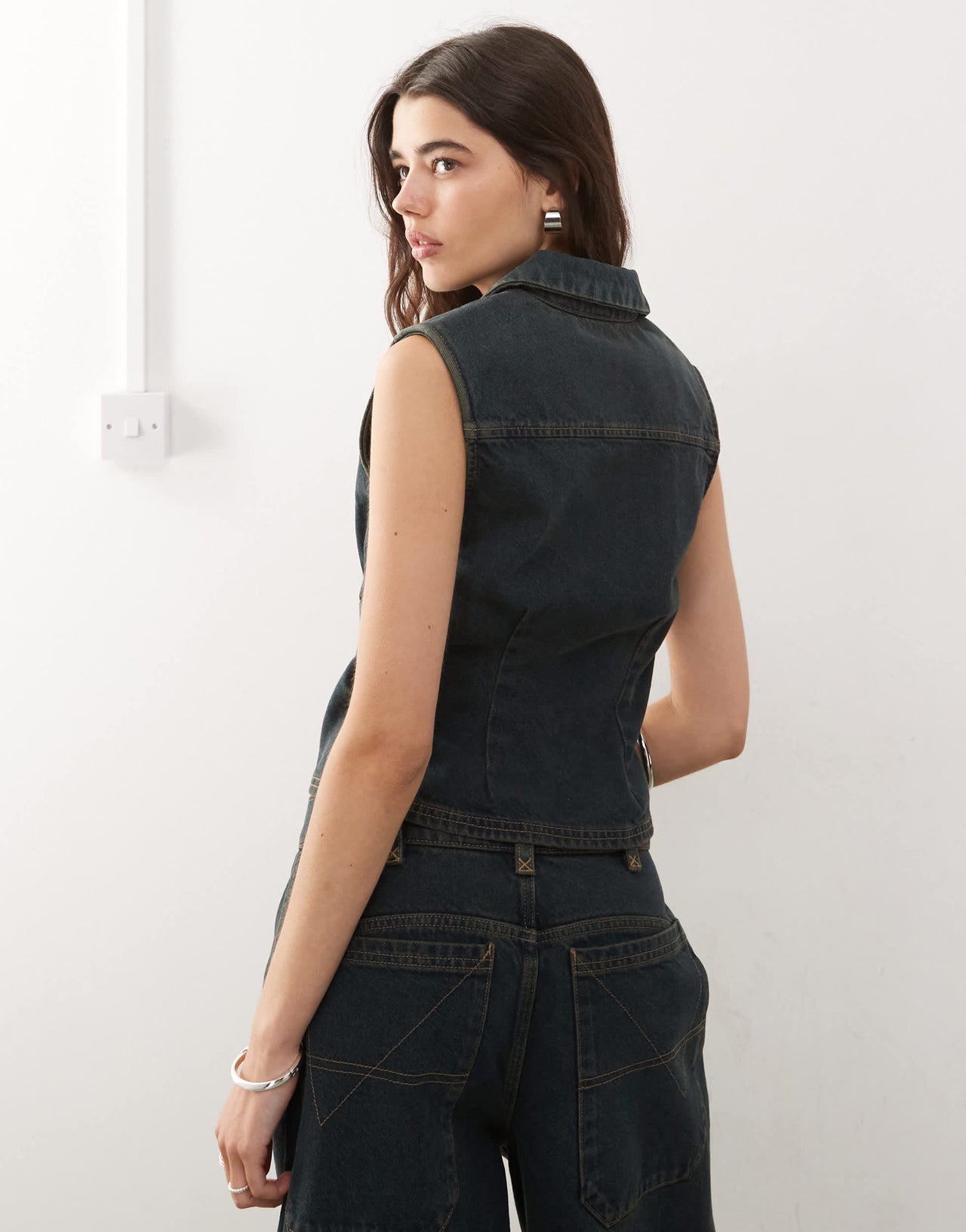 COLLUSION festival denim buckle waistcoat co-ord in green wash